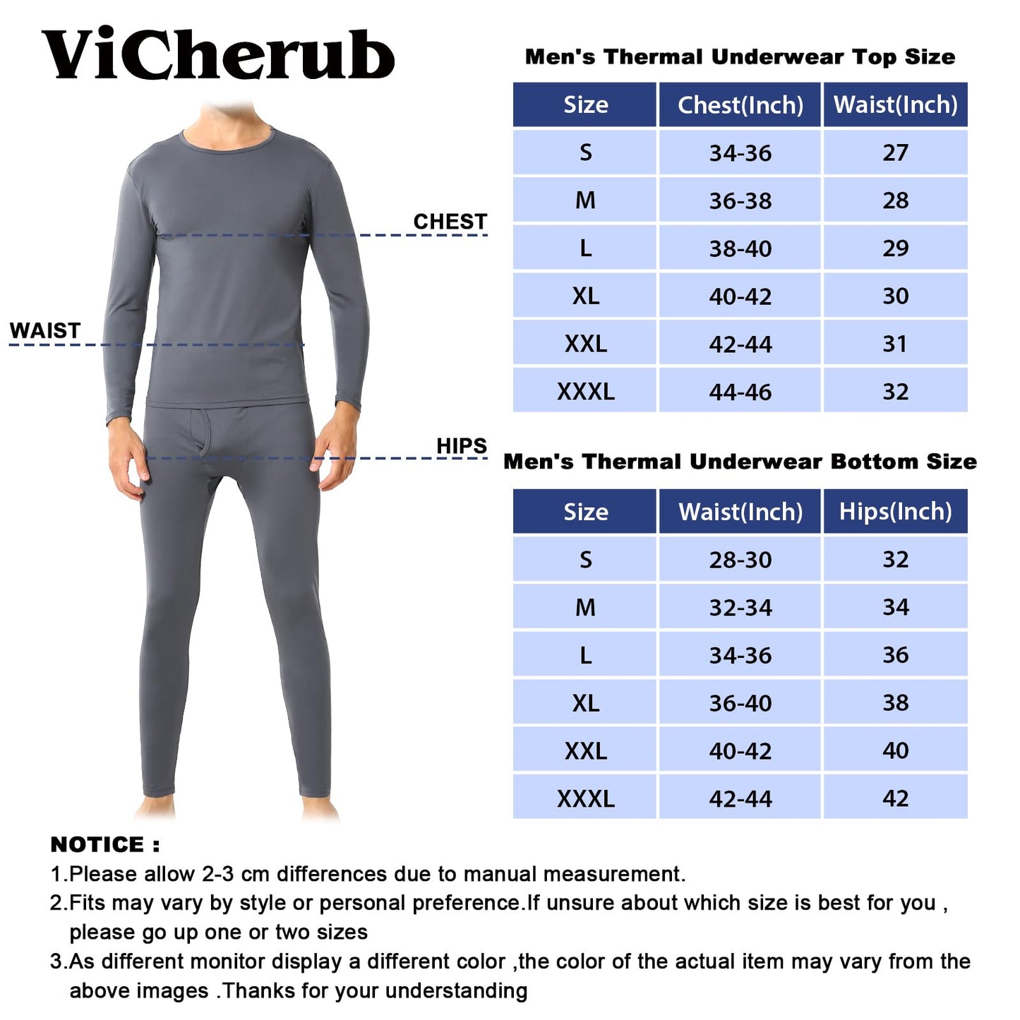 ViCherub Thermal Underwear for Men Fleece Lined Long Johns Ultra Soft Thermals Top and Bottom Warm Base Layer Mens Set of 2 Black & Charcoal M