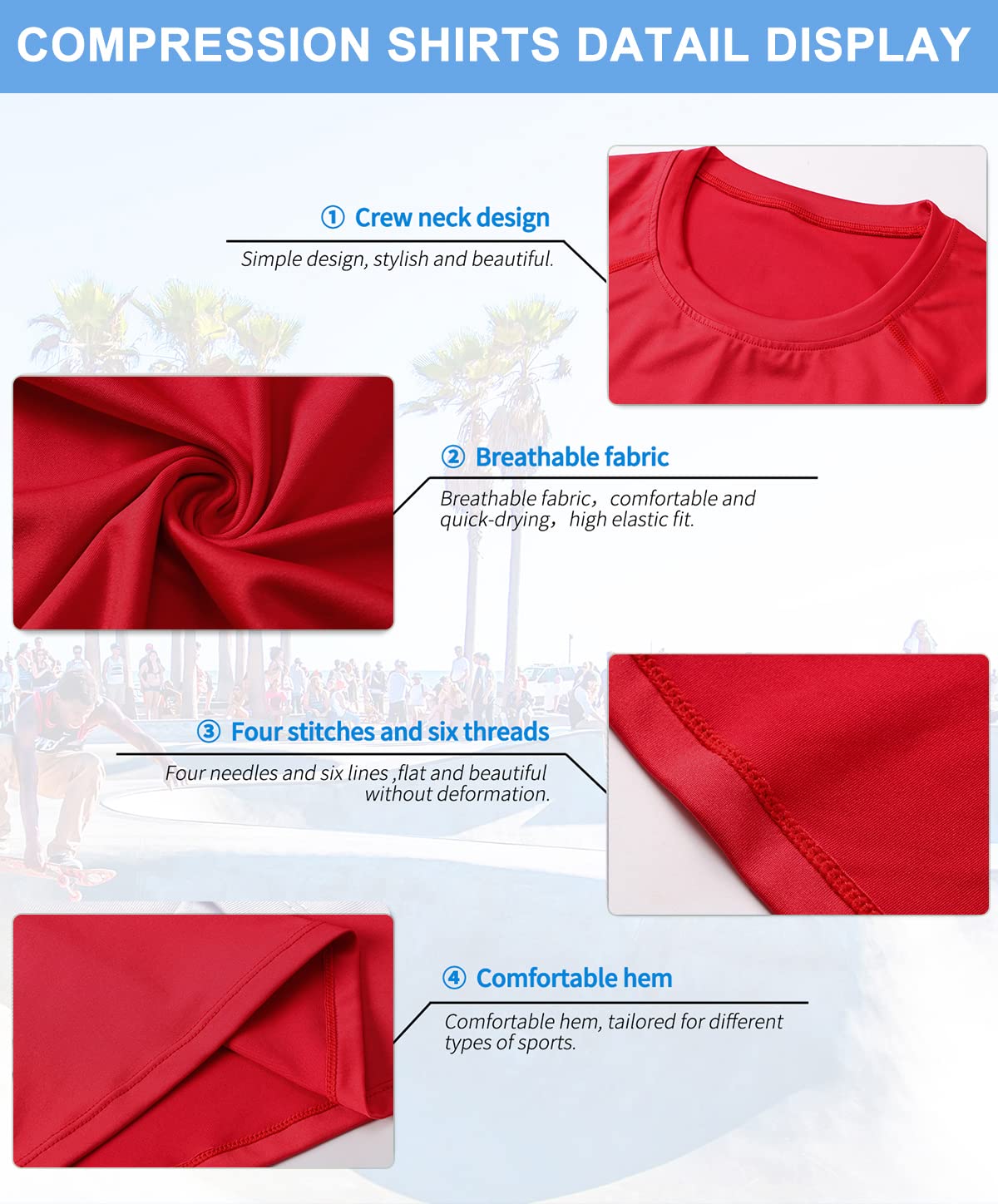 Red Men's Compression Shirts Long Sleeve, Dry Fit Athletic Workout Gym Shirts Sports Base Layer Top Running T-Shirt