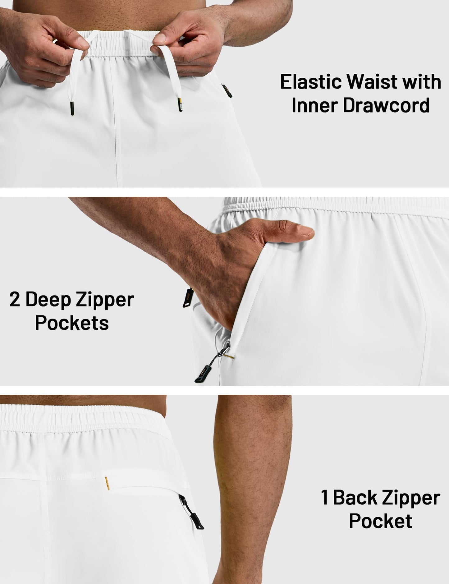 MIER White Athletic Shorts for Men 5 Inch Inseam Quick Dry Lightweight Running Gym Workout Shorts, Zipper Pockets, M