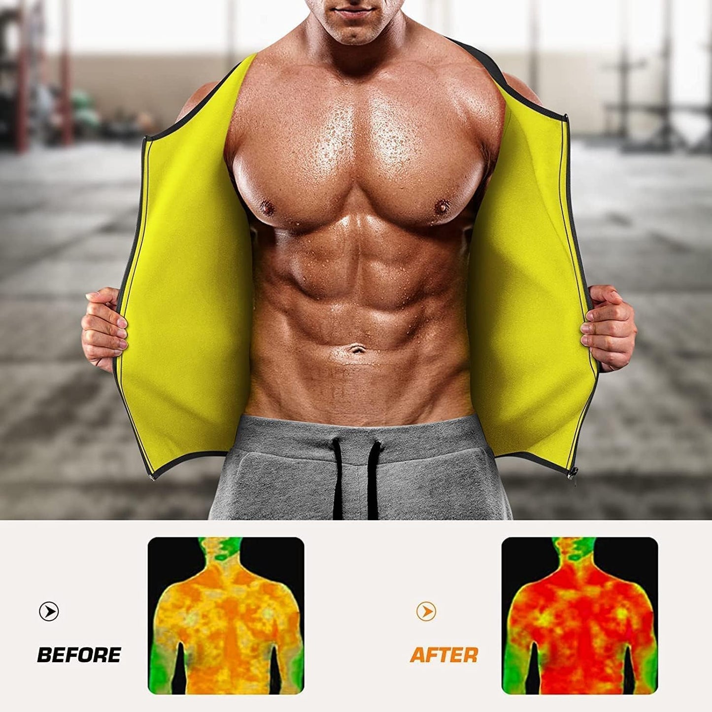 Cimkiz Mens Sweat Sauna Vest for Waist Trainer Neoprene Faja Para Hombre, Adjustable Sauna Workout Zipper Suit (Yellow, Small)