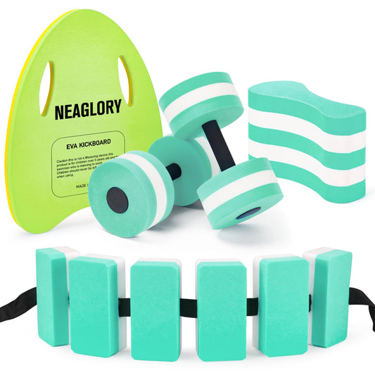 NEAGLORY 5 Pieces Water Aerobics Set Aquatic Exercise Set Pool Fitness Equipment Foam Water Dumbbell, Swim Kickboard, Pull Buoy, Aquatic Swim Belt for Water Exercise, Green