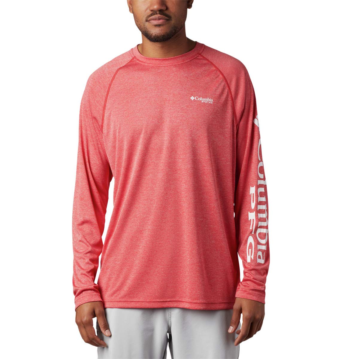 Columbia Men's Terminal Tackle Heather Long Sleeve Shirt, Red Spark Heather/White Logo, X-Large
