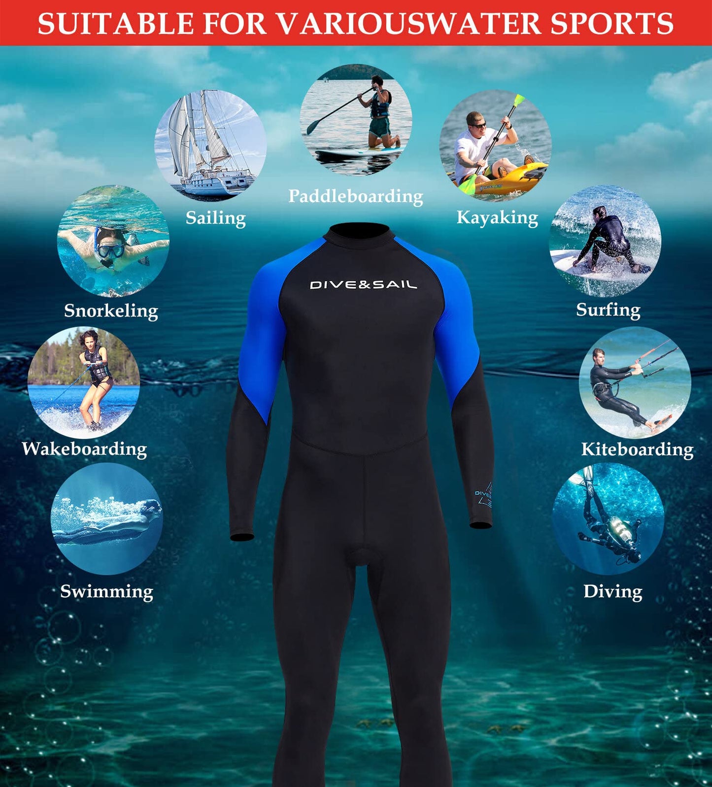 Men's Full Body Snorkeling Wetsuit Breathable Nylon UPF 50+ Rash Guard One Piece Swimsuit Long Sleeve Dive Skin Quick Dry Diving Surfing Suit Sporty Water Suit for Adult