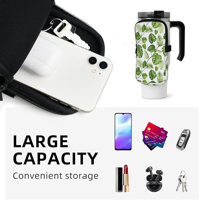 Water Bottle Pouch for Stanley Cup 40oz 30oz,Personalized Gym Purse for Men Women, Tumbler Pouch with Versatile Pocket Water Bottle Bag for Cards, Keys, Phone Botanical Leaf