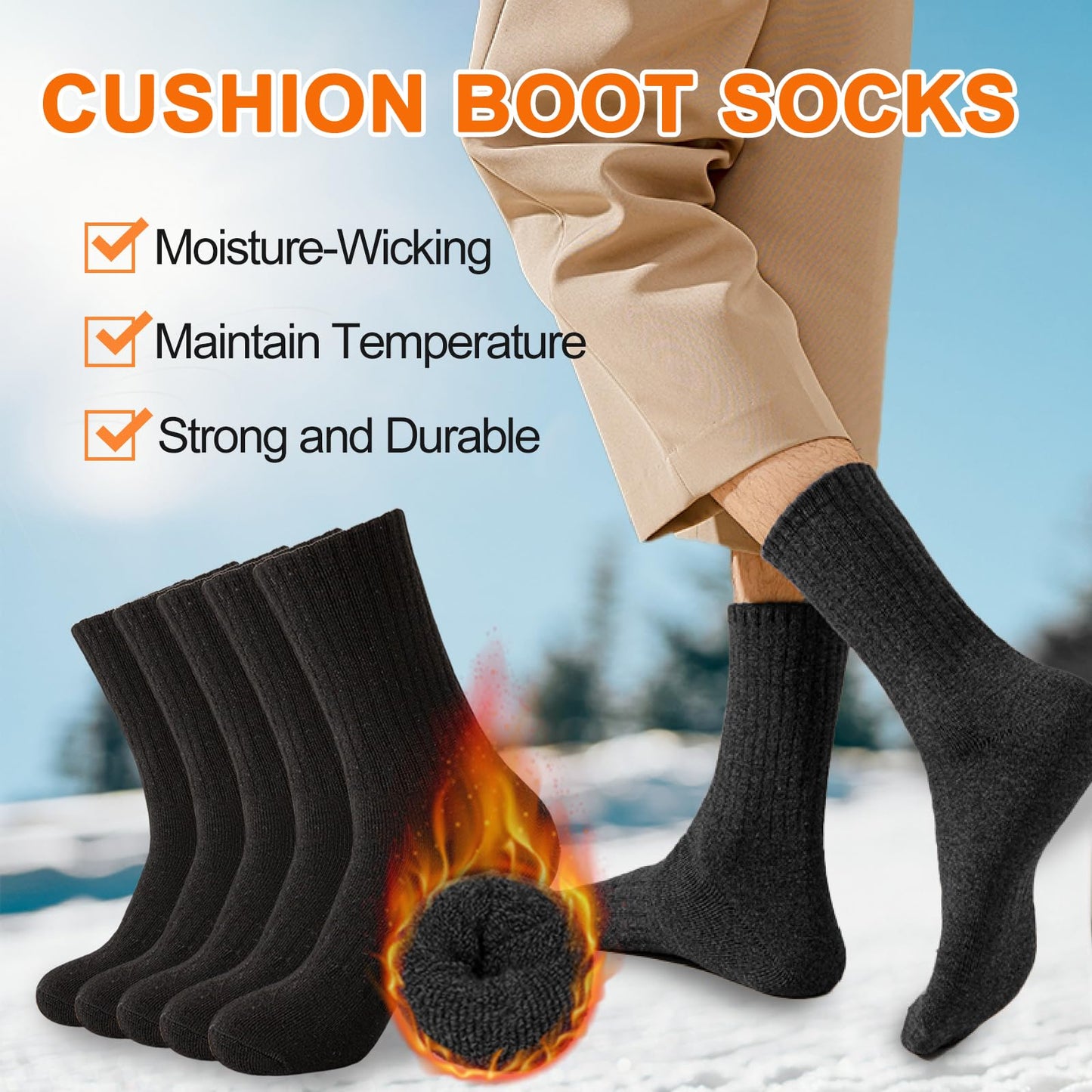 Josnown Mens Wool Hiking Socks 5 Pairs Thick Warm Winter Socks Thermal Cozy Cushion Boot Socks for Cold Weather