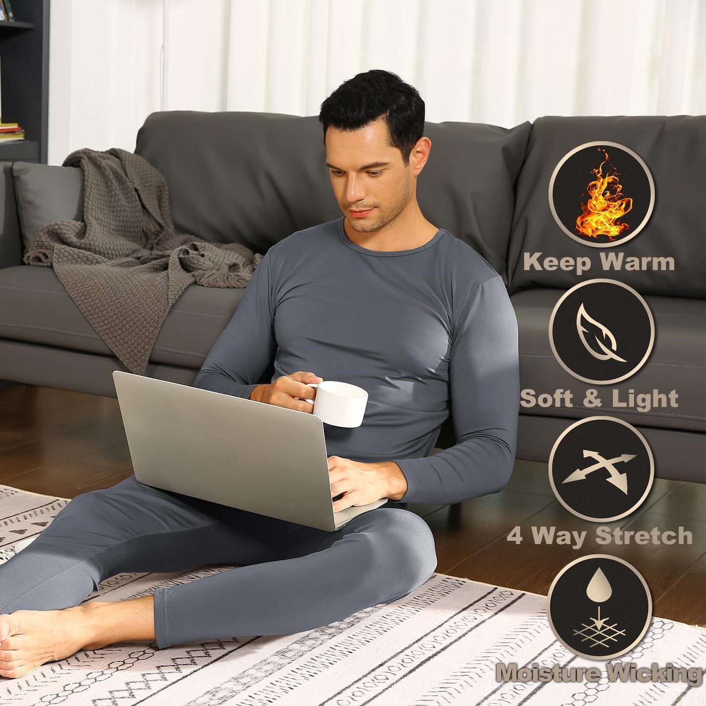 ViCherub Thermal Underwear for Men Fleece Lined Long Johns Ultra Soft Thermals Top and Bottom Warm Base Layer Mens Set of 2 Black & Charcoal M