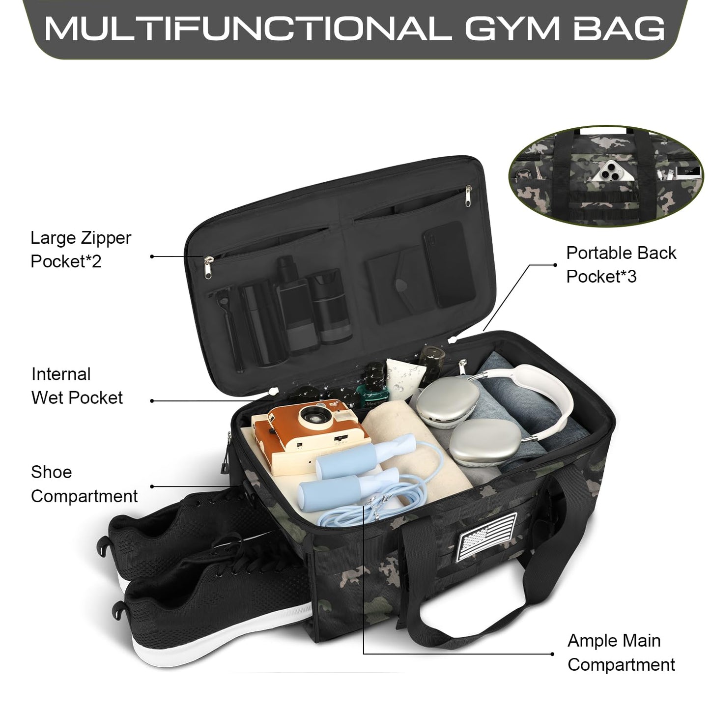 ETRONIK Gym Bags for Men, Tactical Duffle Bag Backpack with Shoe Compartment, 3 in 1 Carry on Bag Travel Backpack with Wet Pocket, Weekender Overnight Range Bag for Workout Football Gym, Camouflage