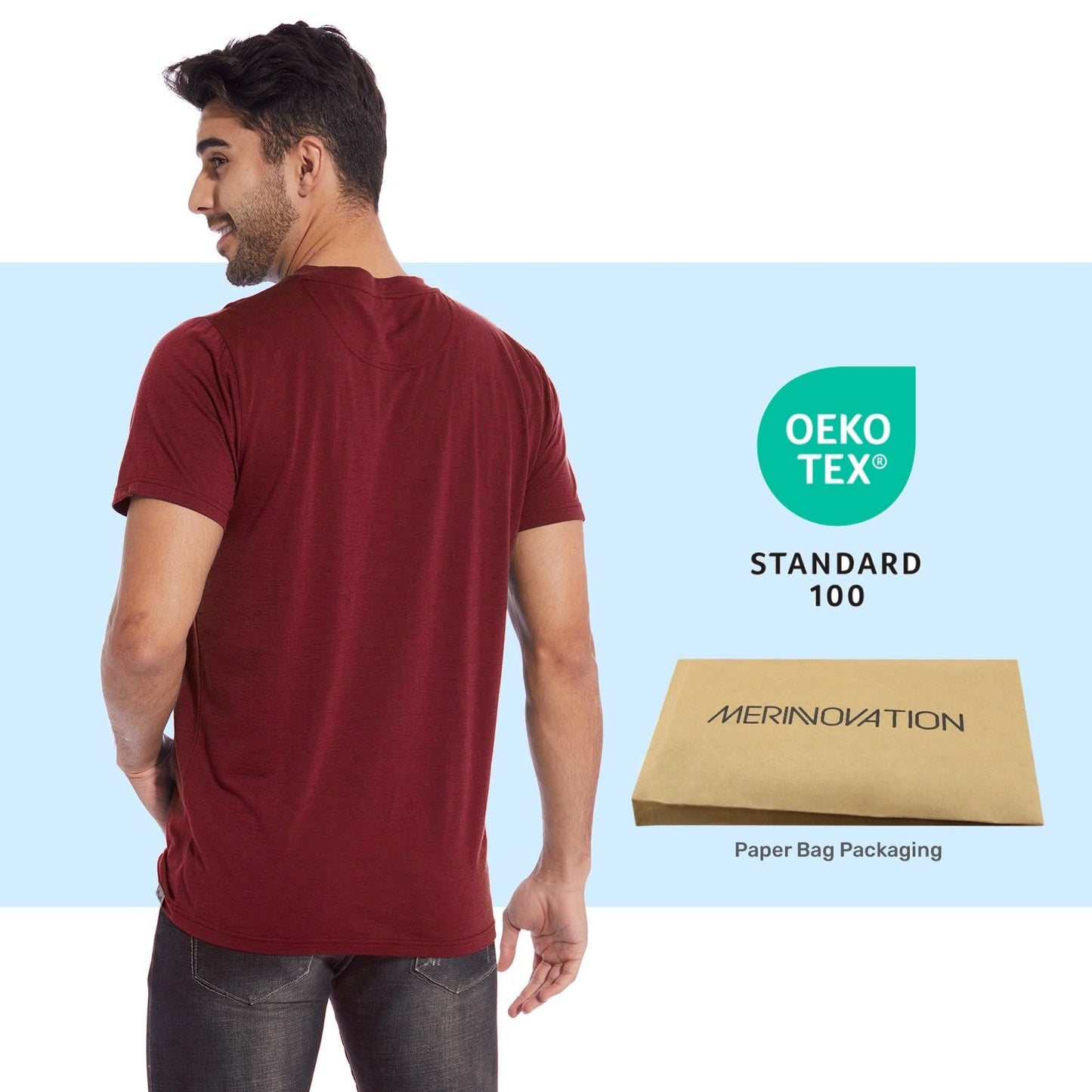 MERINNOVATION Merino Wool T-Shirt Mens Wicking Merino Wool Undershirt Lightweight Base Layer (Wool Socks Included Cabernet