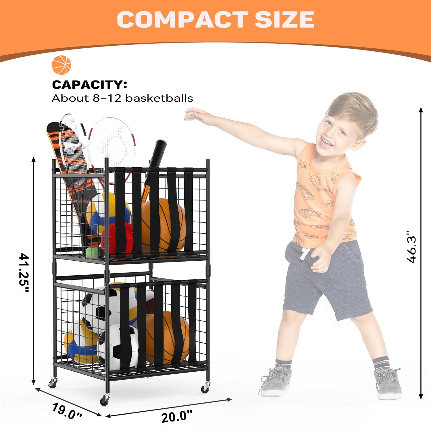 WALMANN Garage Ball Storage, Sports Ball and Sport Equipment Organizer Ball Storage Rack Indoor/Outdoor Rolling Ball/Toy Storage Cart