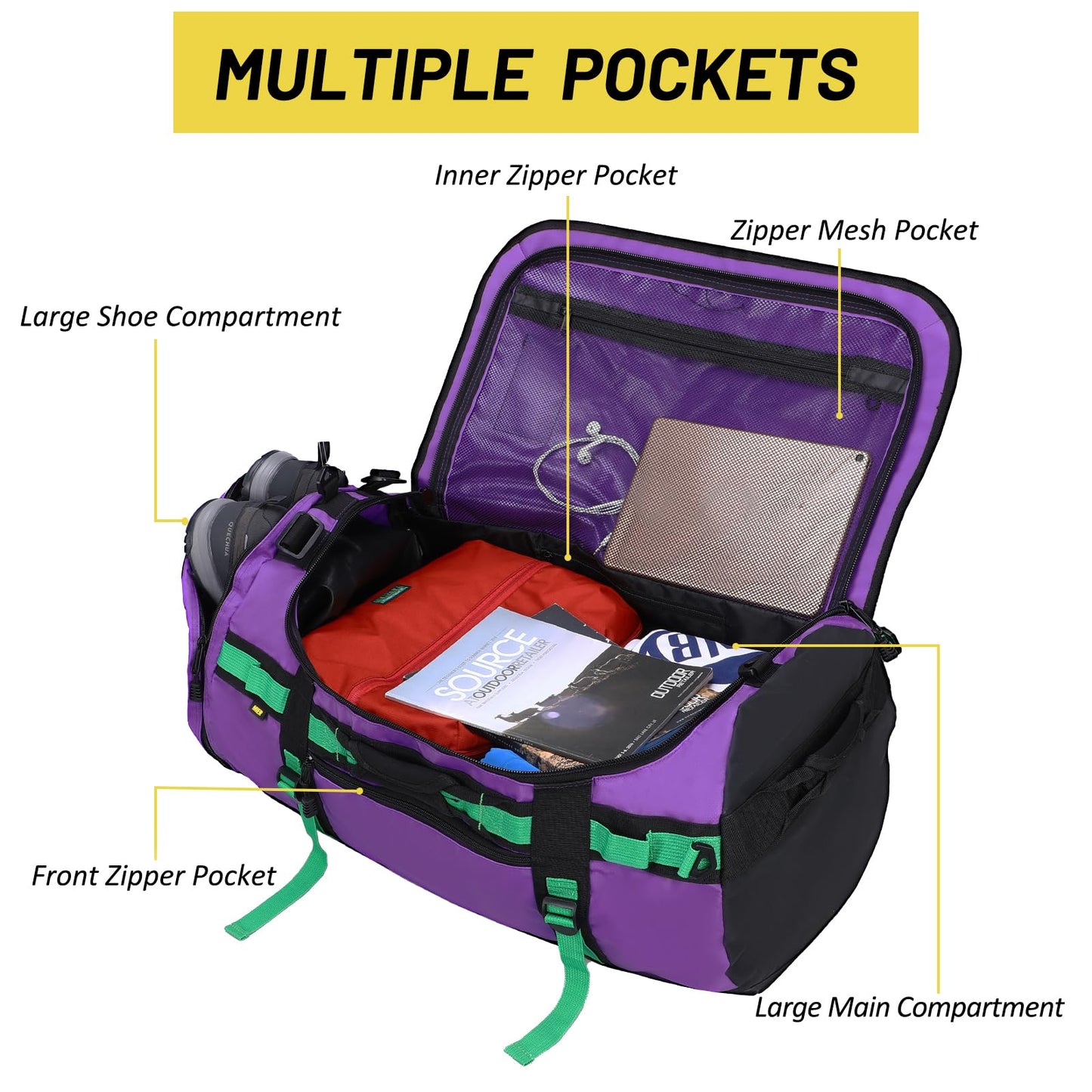 MIER Large Duffle Backpack Sports Gym Bag with Shoe Compartment, Heavy Duty and Water Resistant, Purple, 45L