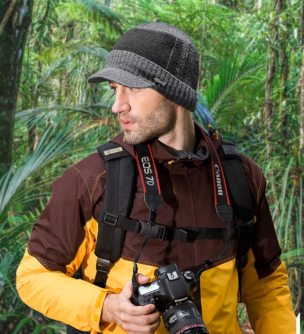 YOYEAH Men's Outdoor Newsboy Hat Winter Warm Thick Knit Beanie Cap Fleece Lined Skull Ski Cap with Visor Gray