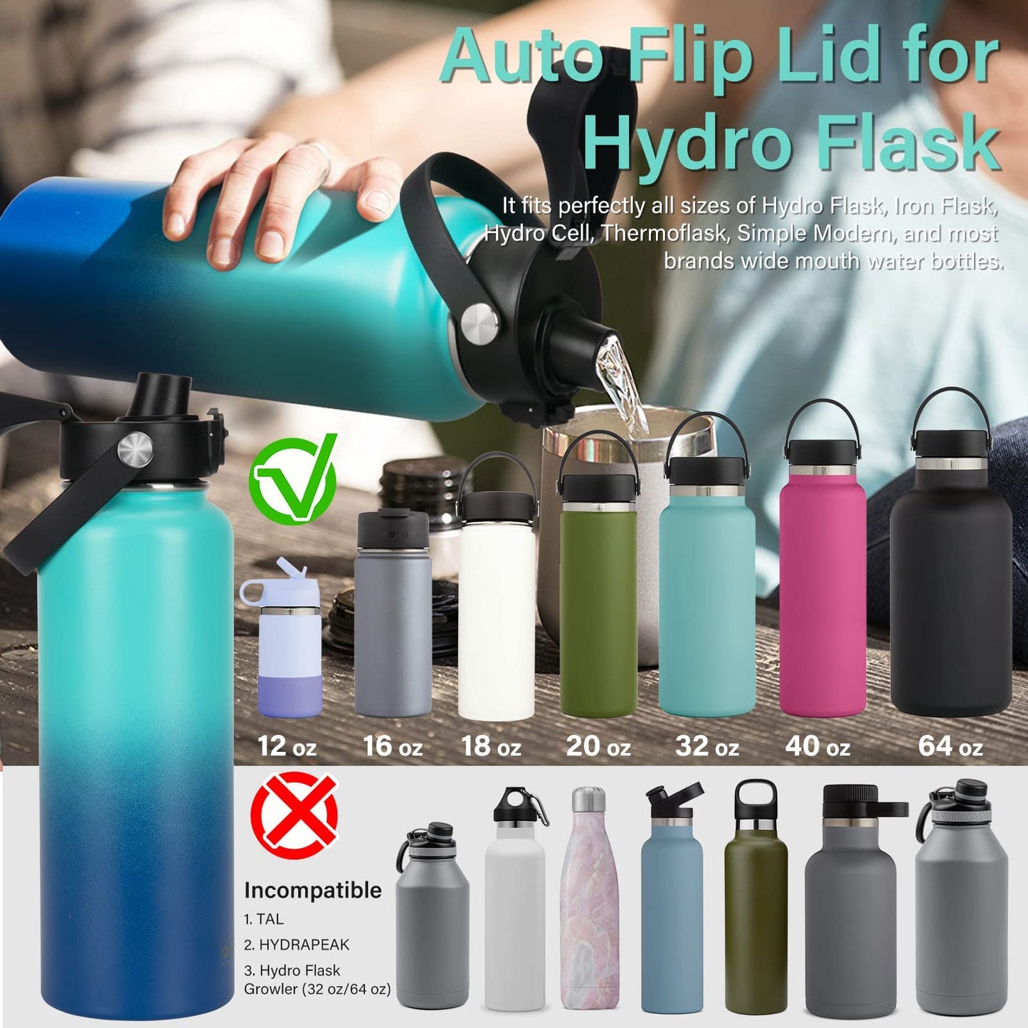 EIPOSAU Auto Flip Lid with Removable Straw, Replacement Lid with Dust Cover, Fits Most Wide Mouth Sports Water Bottle