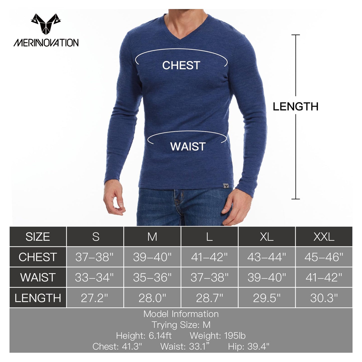 MERINNOVATION Merino Wool Base Layer-Mens 100% Merino Wool Long Sleeve Thermal Shirts for Hiking Hunting,lite,Midweight+Wool Accessory Included, Indigo Blue 165 L