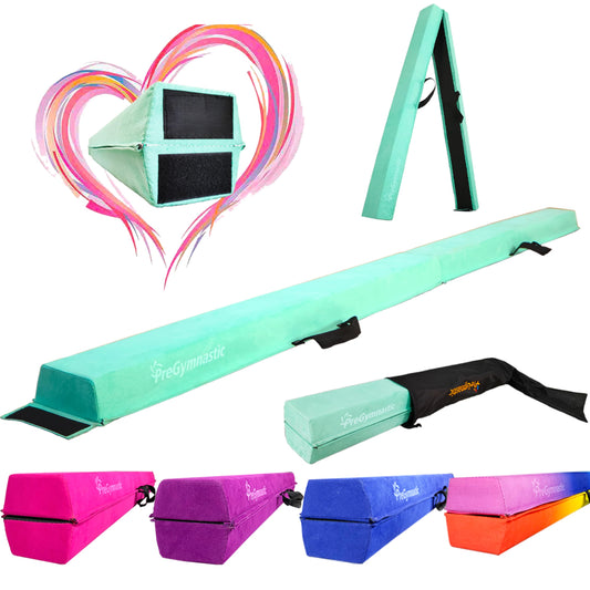 PreGymnastic 6FT/8FT/9.5FT Folding Balance Beam for Kids 3-12,Foldable Gymnastics Floor Beam-Extra Firm Suede Cover with Carry Bag for Home-Gym Equipment for Toddler Teenage (Mint Green, 8FT)