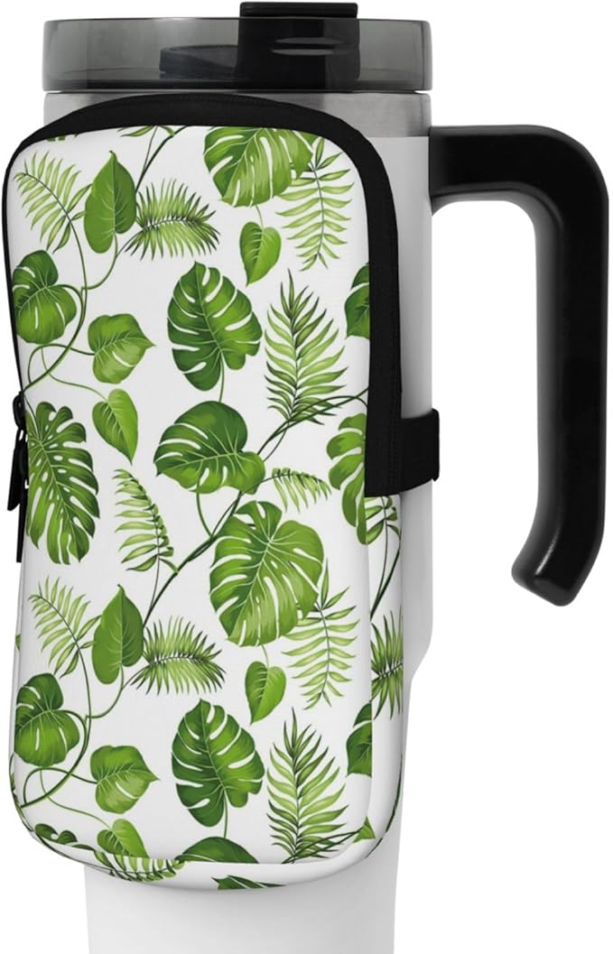 Water Bottle Pouch for Stanley Cup 40oz 30oz,Personalized Gym Purse for Men Women, Tumbler Pouch with Versatile Pocket Water Bottle Bag for Cards, Keys, Phone Botanical Leaf