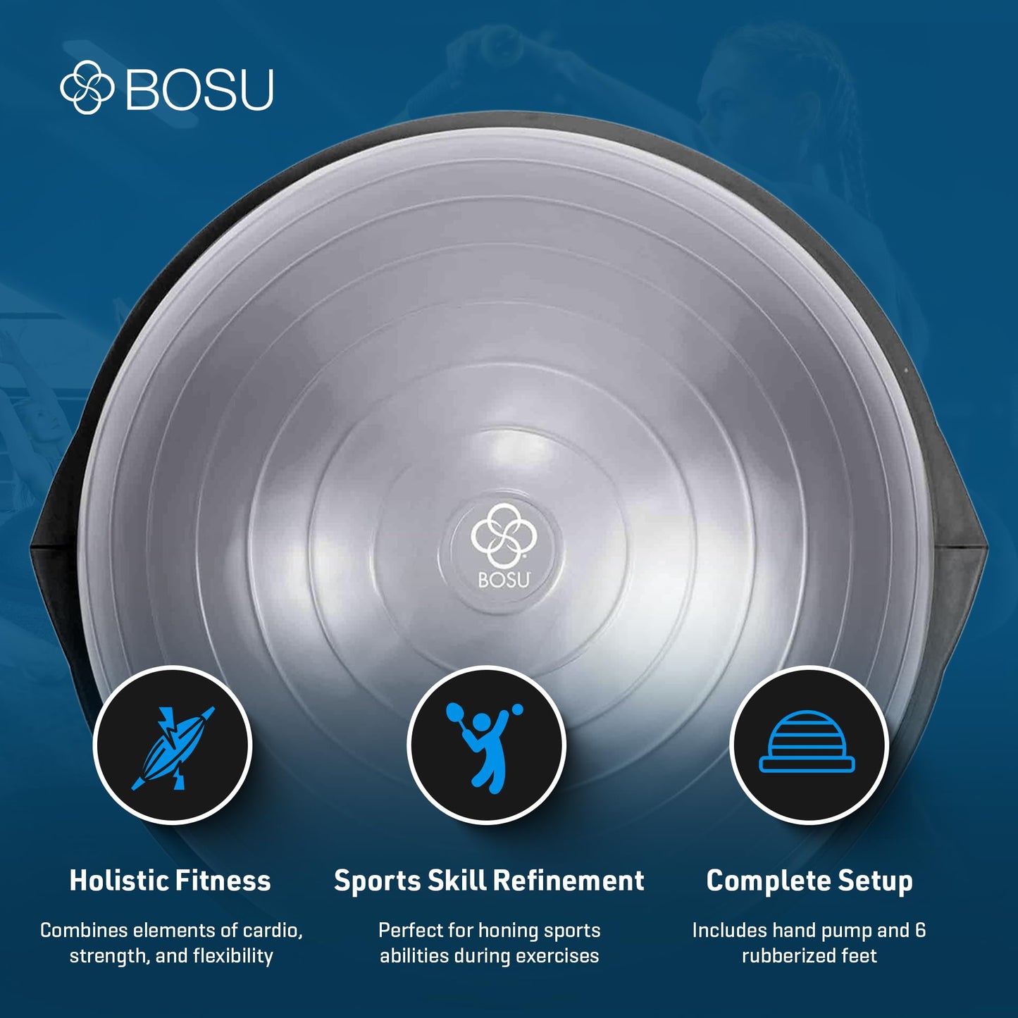 BOSU Home Gym The Original Balance Trainer with 25 Inch Diameter and Included Hand Pump for Workout Exercise Equipment, Silver