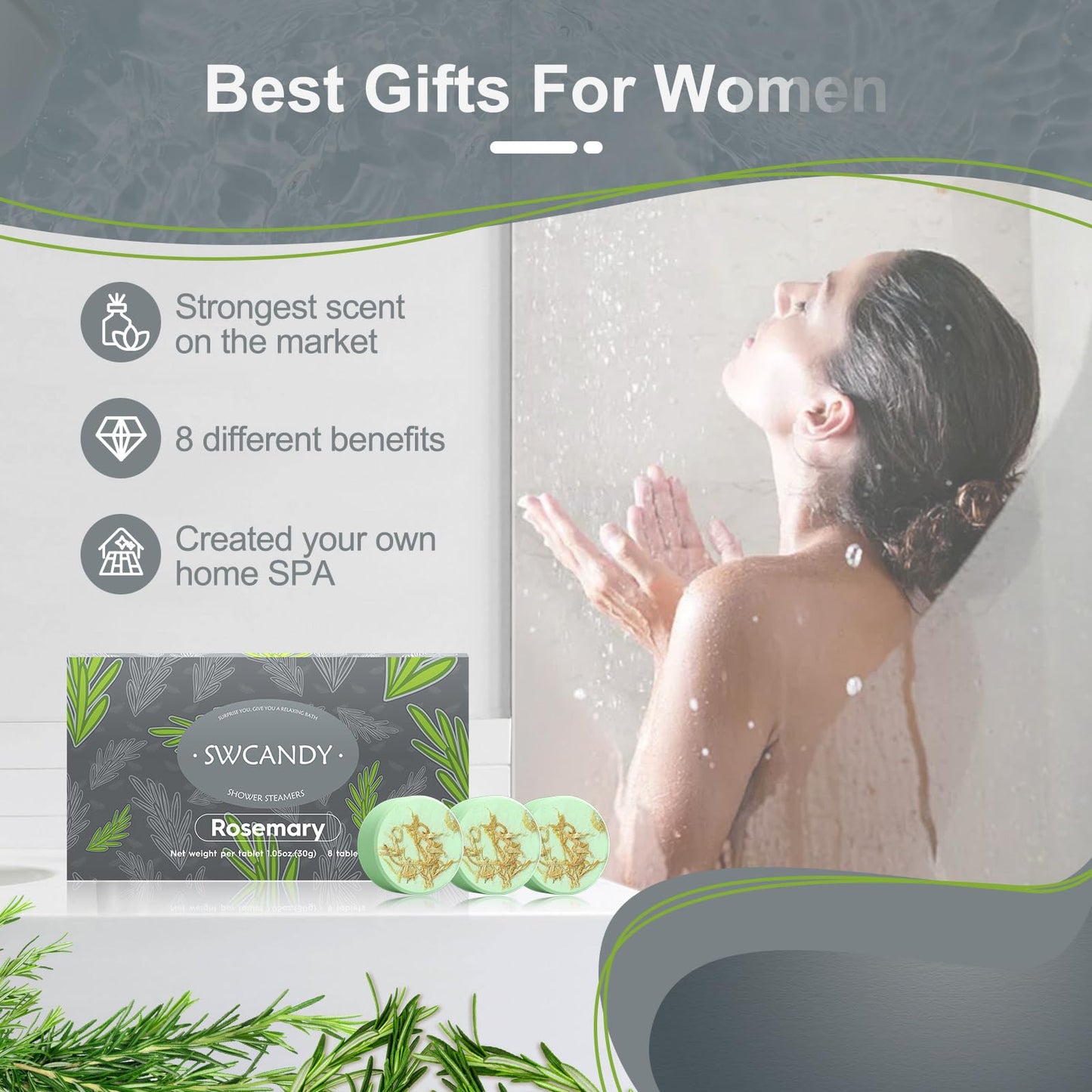 Aromatherapy Shower Steamers Birthday Day Gifts Rosemary - Swcandy 8 Pcs Bath Bombs Birthday Gifts for Women, Shower Bombs with Essential Oils, Relaxation Home SPA for Women Who Has Everything