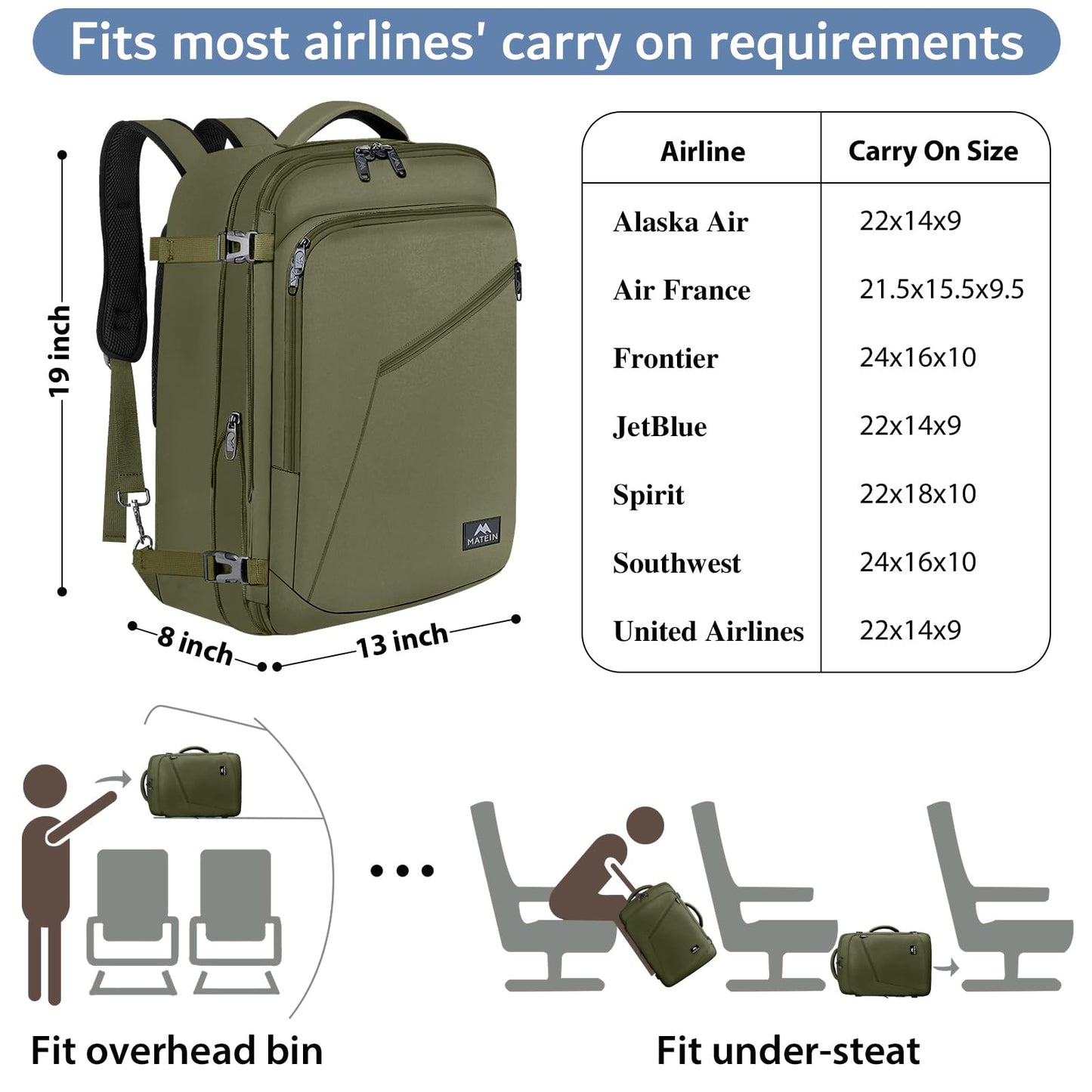 MATEIN Expandable Air Travel Backpack, Light Weight Carry on Backpack with Trolley Sleeve, Water Resistant Daypack Hiking Backpack, Gifts for Men who Like to Travel, Dark Green