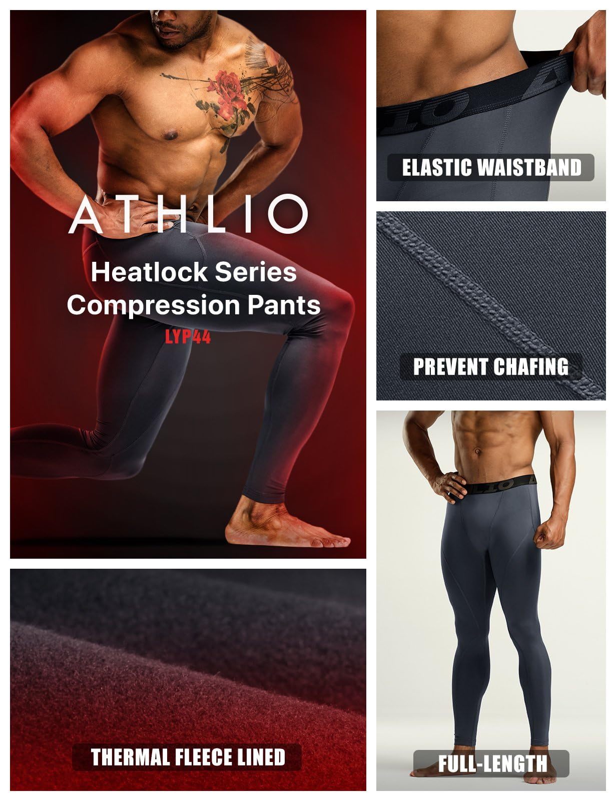ATHLIO Men's Thermal Compression Pants, Athletic Running Tights & Sports Leggings, Wintergear Base Layer Bottoms, 3pack Thermal Pants Black/Charcoal/Red, Large