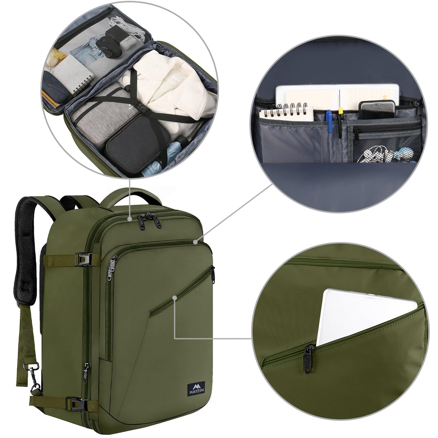 MATEIN Expandable Air Travel Backpack, Light Weight Carry on Backpack with Trolley Sleeve, Water Resistant Daypack Hiking Backpack, Gifts for Men who Like to Travel, Dark Green