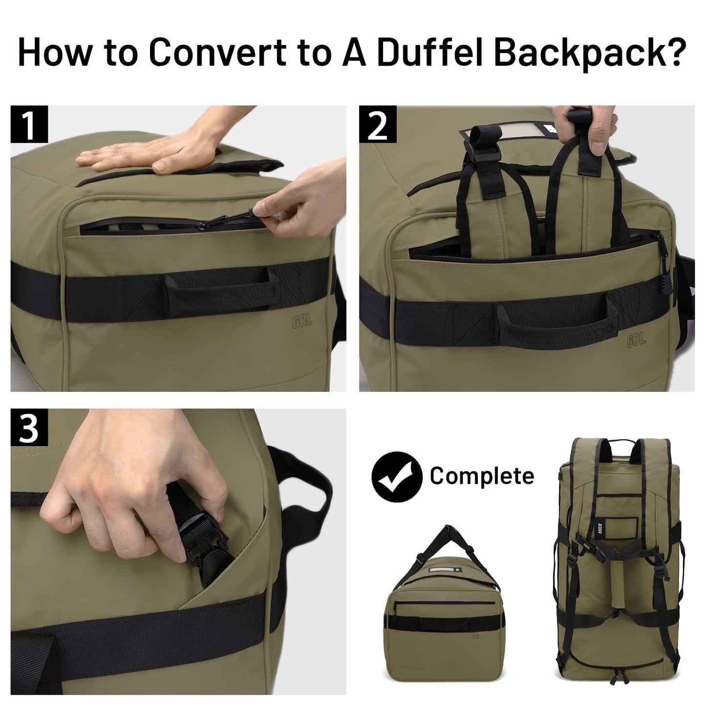 MIER 40L Backpack Duffle for Men Heavy Duty Duffel Bag with Backpack Straps for Travel, Gym, Sports, Convertible and Water Resistant, Dark Green