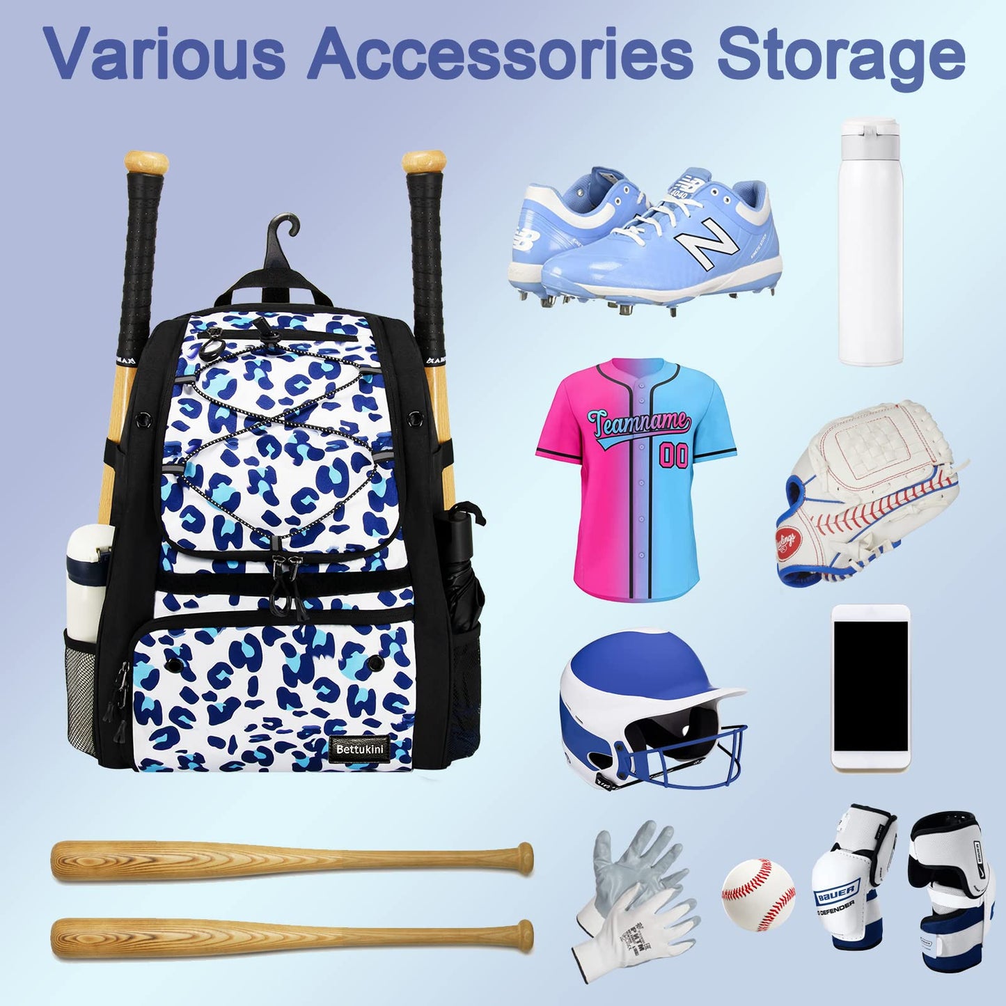 Youth Baseball Bag, Bat Backpack for Baseball, T-Ball Softball Equipment Gear, Helmet, Batting Glove, Batting Mitten, Shoes Compartment Large Capacity Baseball Bags with Fence Hook Holds 4 Bats Blue