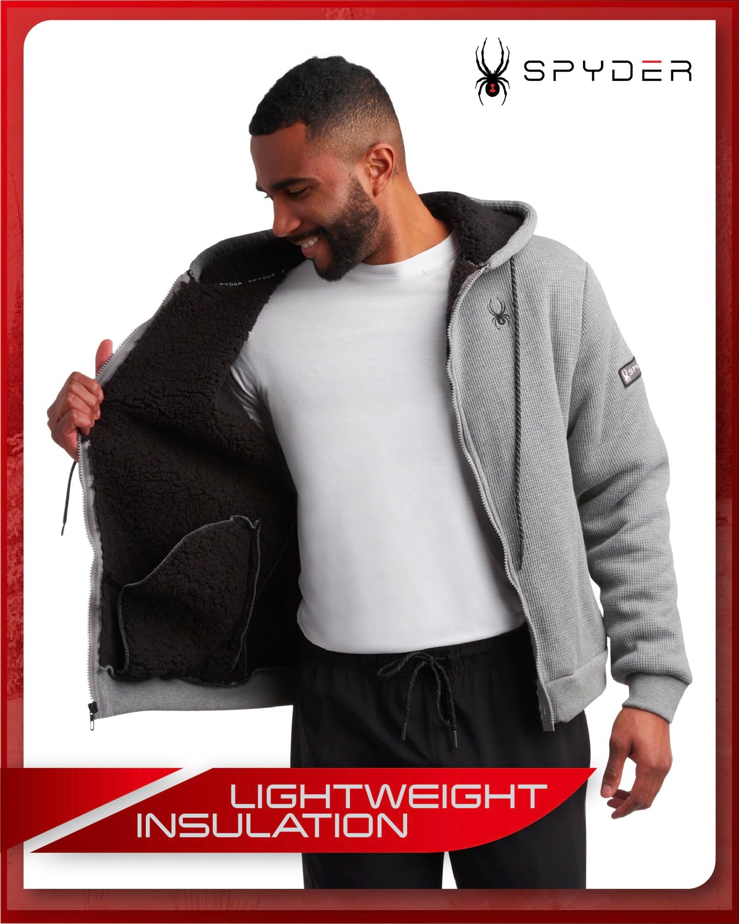 Spyder Men's Hoodie - Full Zip Up Cozy Sherpa Lined Waffle Knit Hoodie - Lightweight Comfort Hoodie Jackets for Men (S-XXL), Size XX-Large, Grey Heather