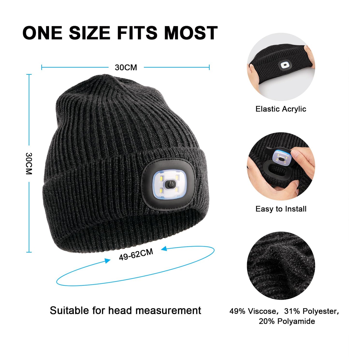 Wmcaps Unisex Hat with Light, USB Rechargeable LED Beanie, Winter Warm Knitted Headlamp Hat Gifts for Men Him Dad Husband