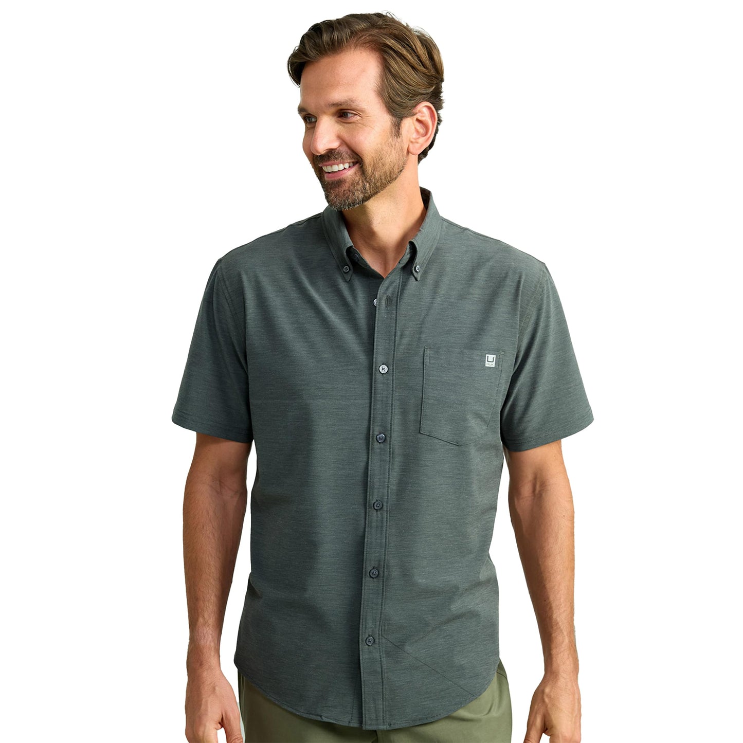 HUK Standard Kona Solid Short Sleeve Fishing Button Down Shirt for Men, Volcanic Ash, Medium