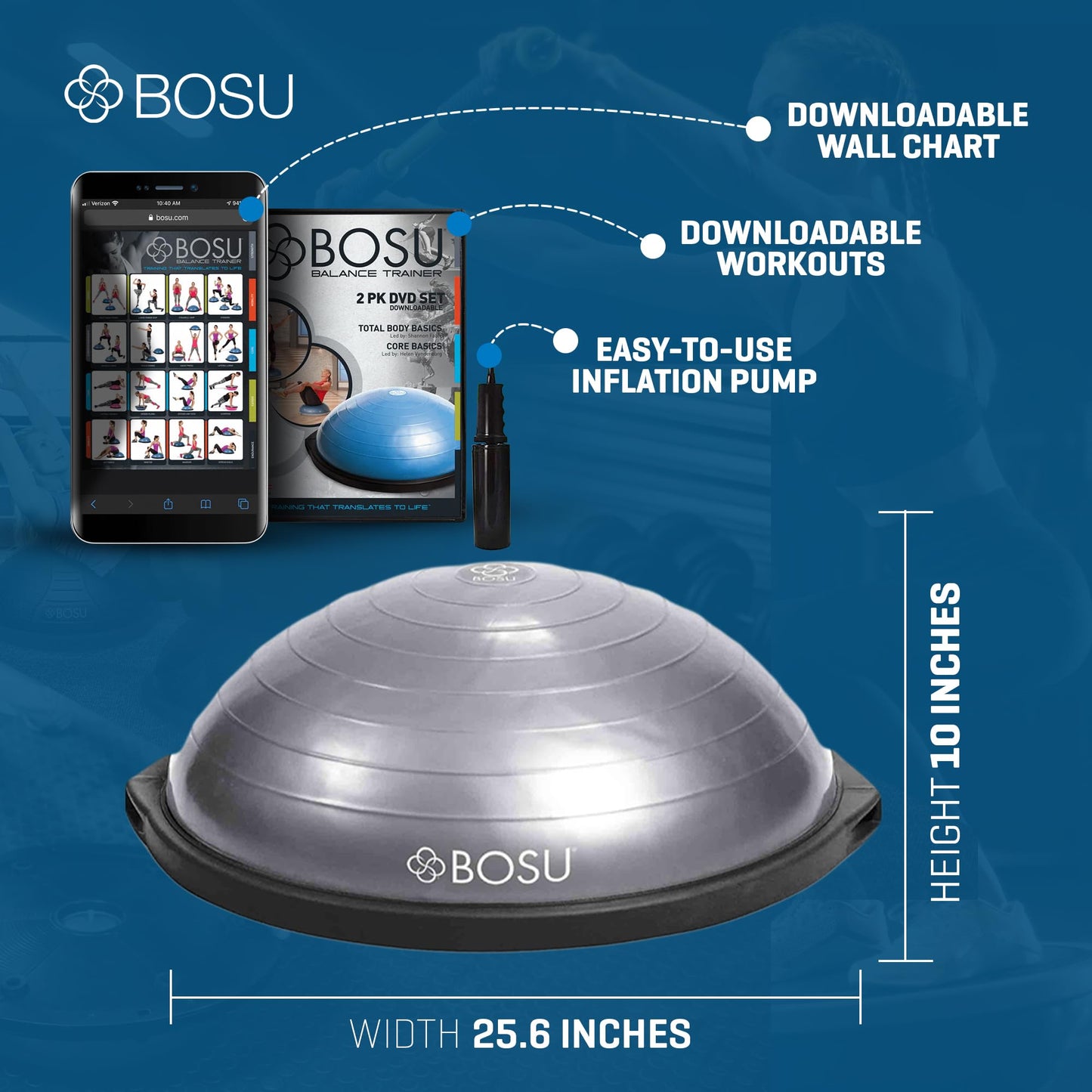BOSU Home Gym The Original Balance Trainer with 25 Inch Diameter and Included Hand Pump for Workout Exercise Equipment, Silver