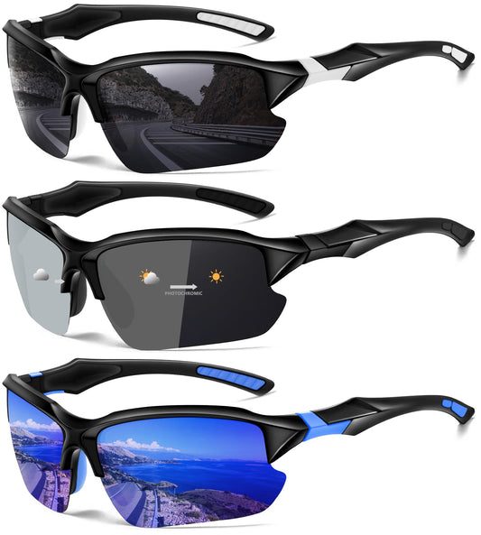 DioKiw 3PACK Sports Polarized Sunglasses for Men Cycling Running Fishing UV400 Protection Sun Glasses Lightweight Half Frame Goggles