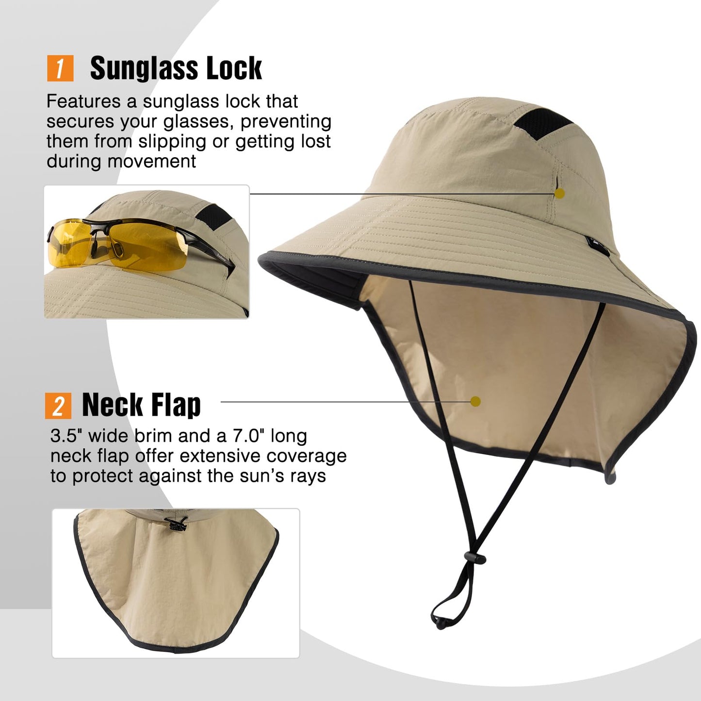 TOP-EX M/L/XL/XXL Unisex Mens Sun Hat for Women with Neck Flap Sunglass Lock UV Protection Wide Brim Fishing Hats Waterproof & Packable Beige L/XL