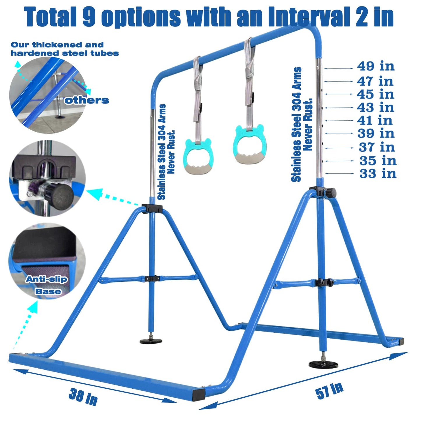 PreGymnastic Updated Folding Gymnastics Bar with Rings, Foldable Kip Bar with Sturdier Base, Gymnasitc Training Bar for Kids Ages 3-10, Gymnastic Horizontal Bars, Home Gym Equipment for Boys Girls