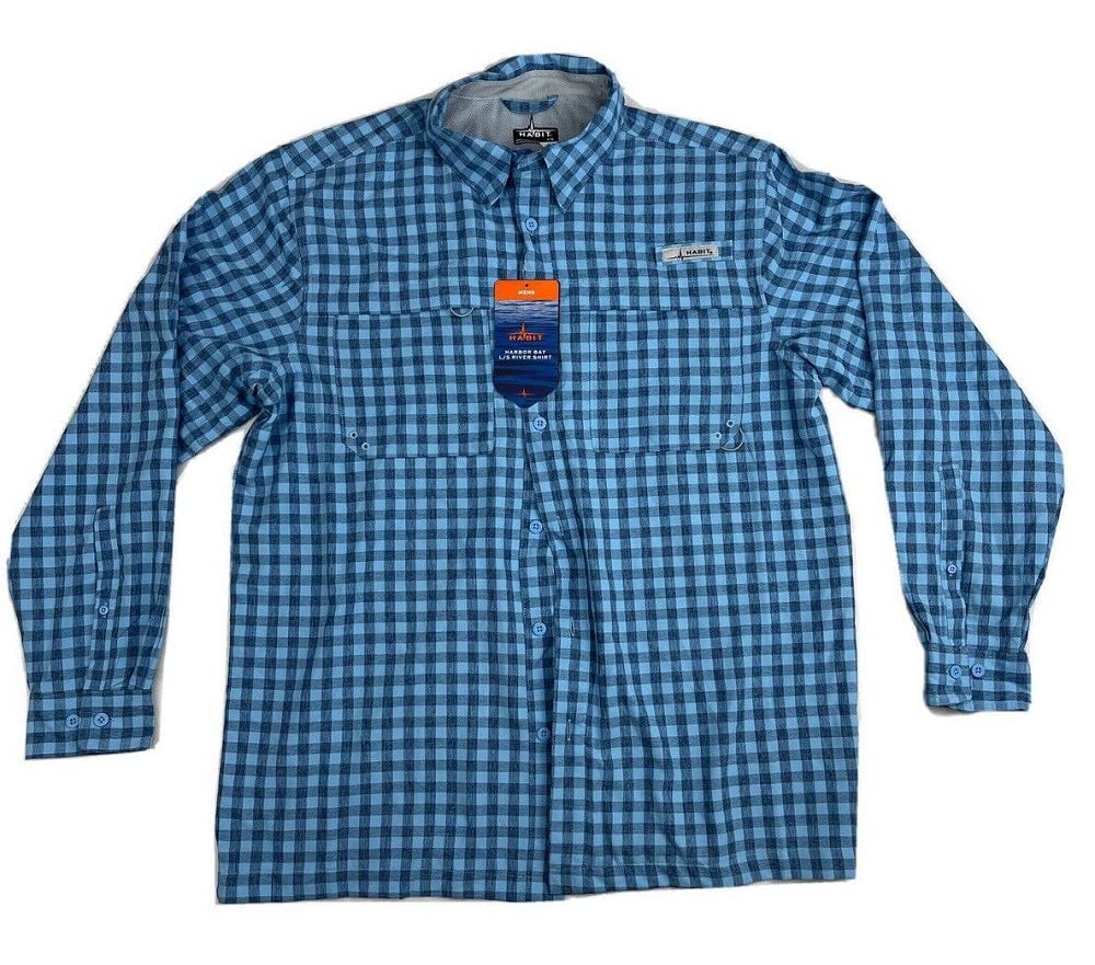 HABIT Men's HB Long Sleeve River Shirt, Cationic Hatch Plaid Alaskan Blue, Large