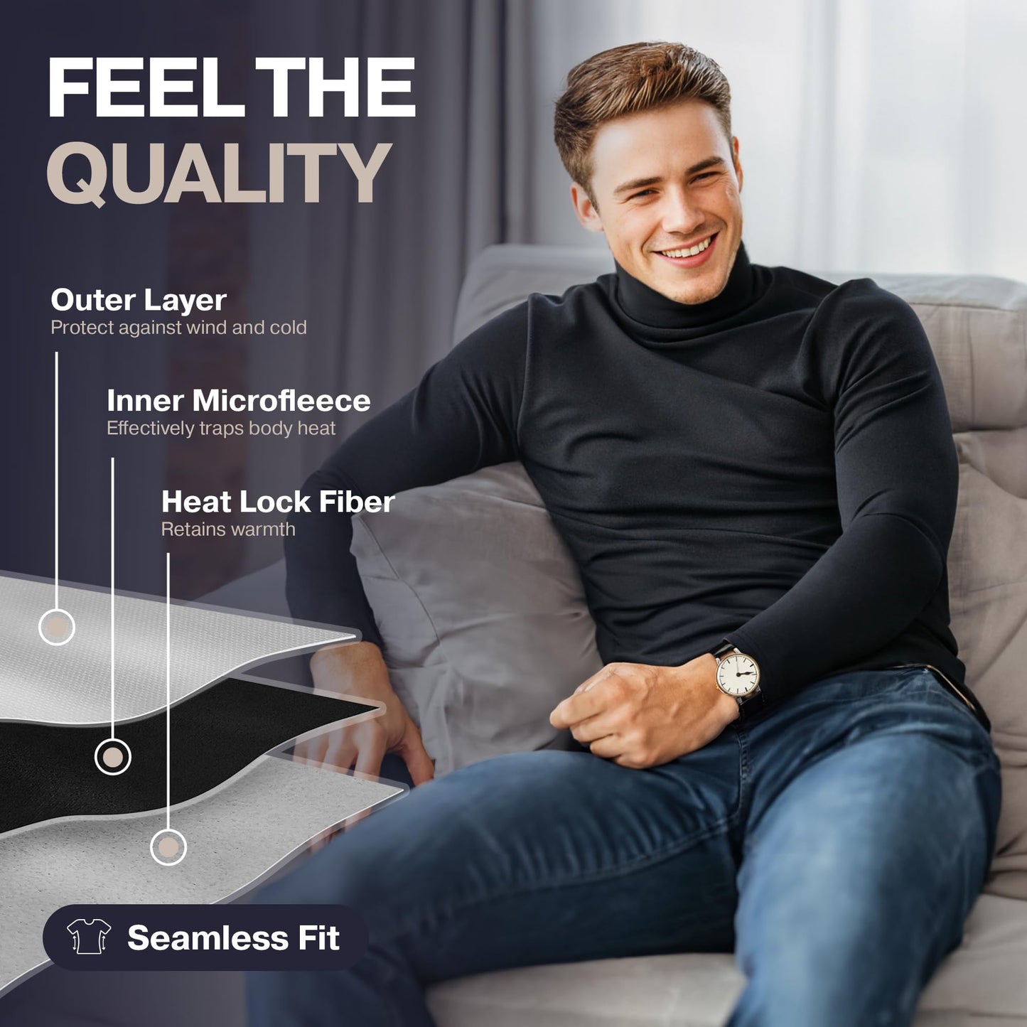 Thermajohn Charcoal Mens Turtleneck Long Sleeve Shirts Slim Fit Thermal L