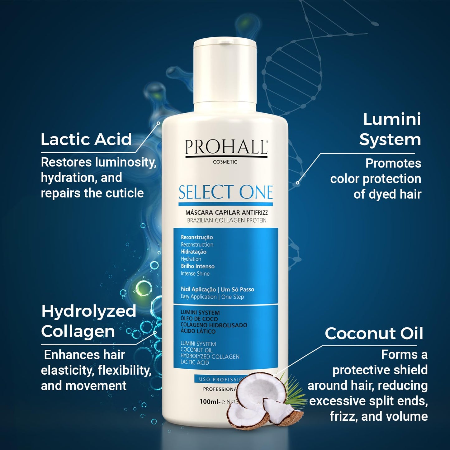 Brazilian Keratin Treatment Blowout Complex - PROHALL SELECT ONE 3.4oz/100ml - Formaldehyde Free Keratin Hair Treatment at Home - Queratina Brasileña Keratina Para Alisar el Pelo Sin Formol