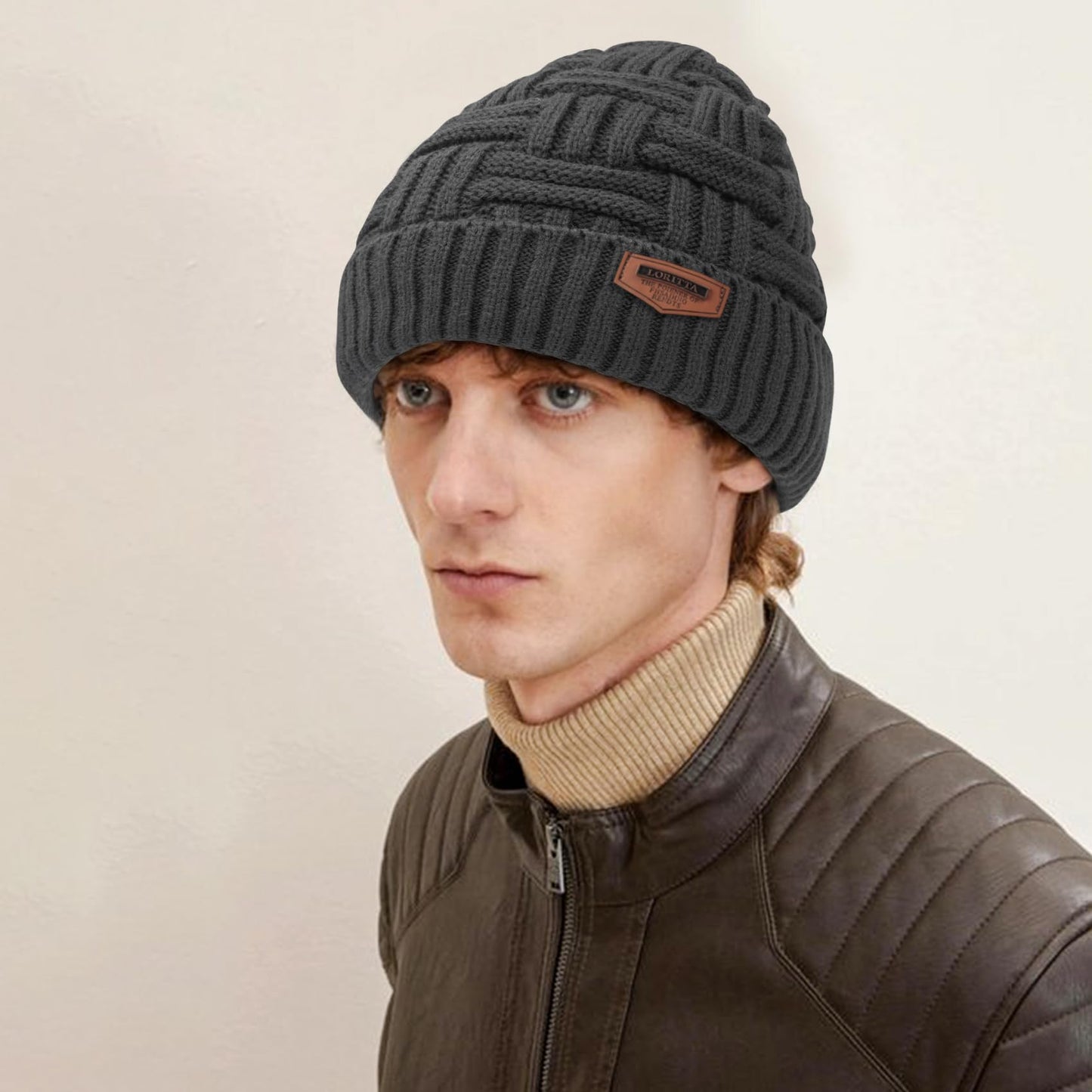 Loritta Winter Hat Warm Knitted Thick Baggy Slouchy Beanie Skull Cap for Men, C- Black+Gray with Weave, 2 Pack