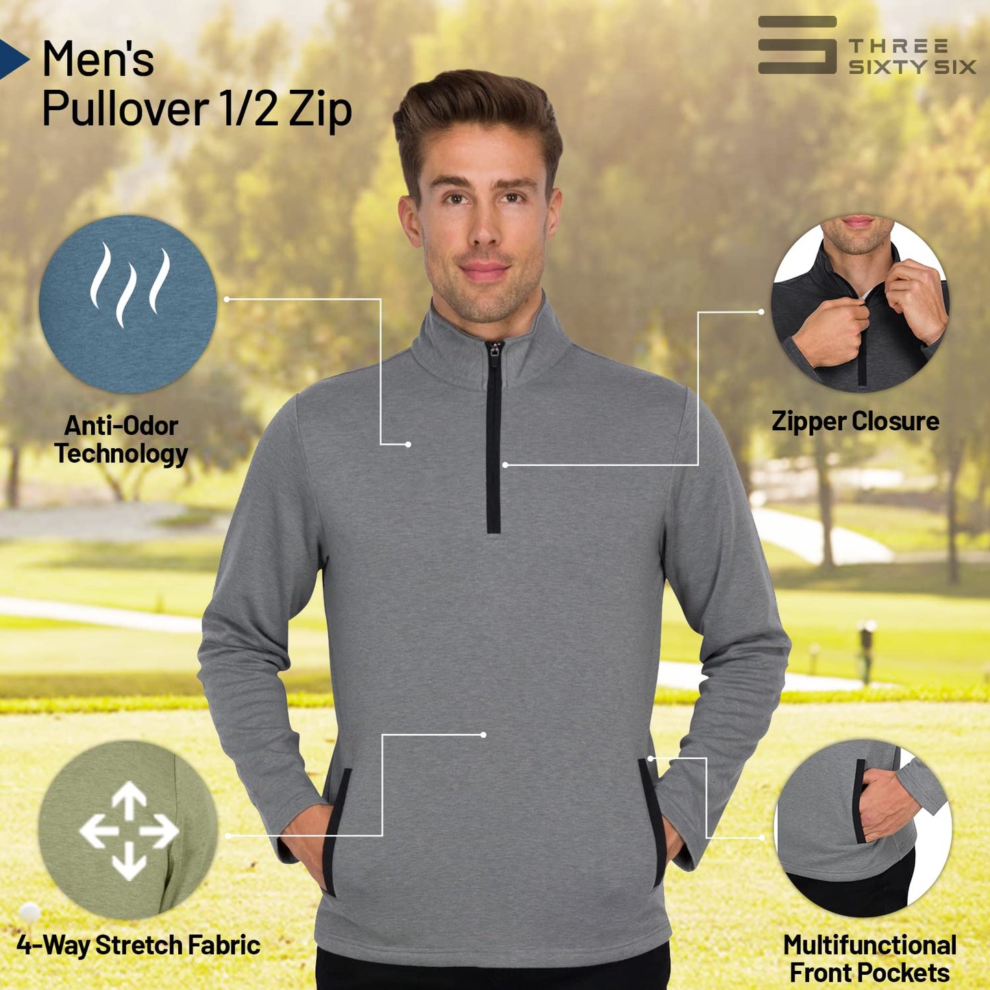 Three Sixty Six Men's Pullover Sweater - Dry Fit Breathable Half Zip Golf Jacket 4-Way Stretch Moisture Wicking & Anti-Odor