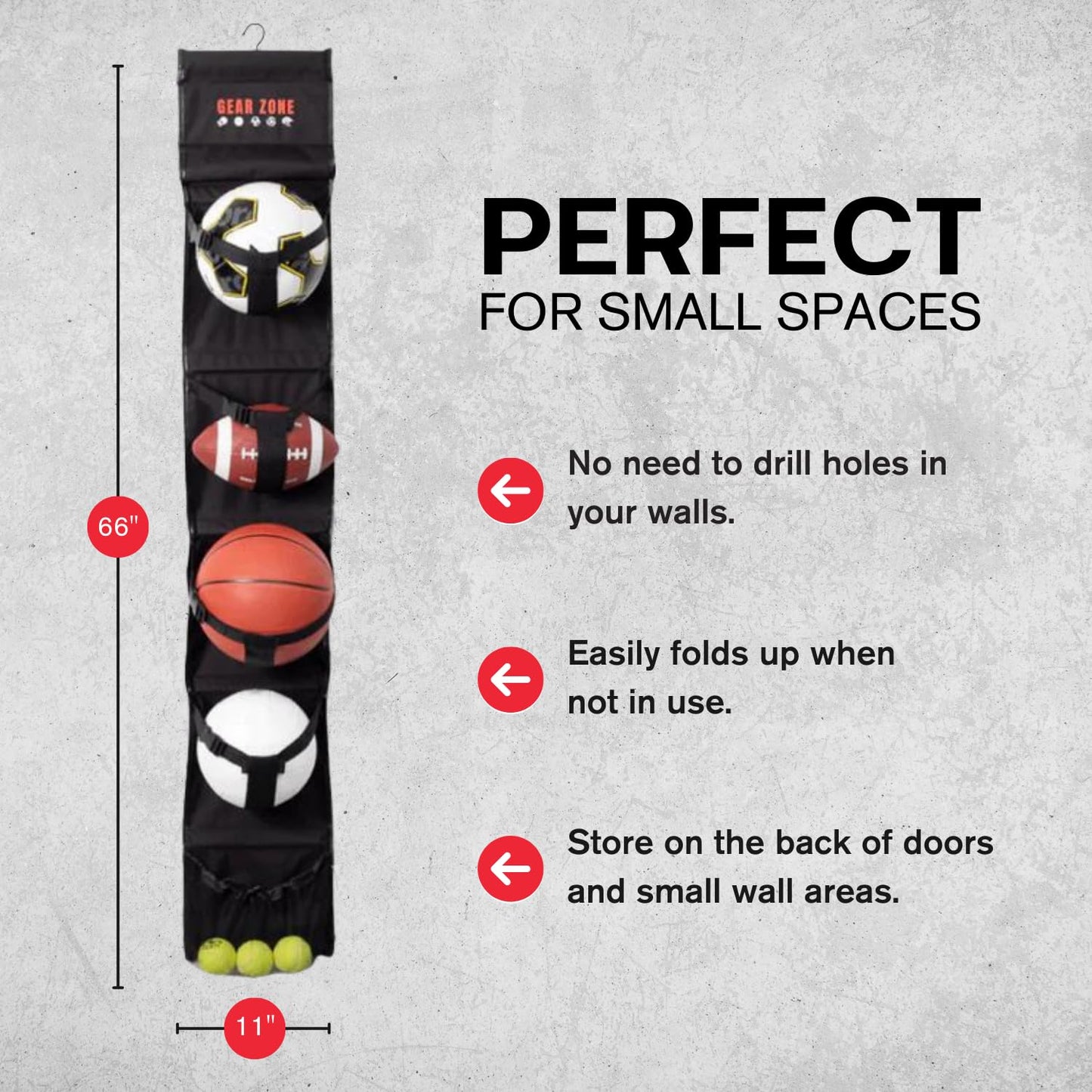 Gear Zone Hanging Sports Equipment Organizer | Multi-Purpose | Garage Sports Ball Storage | Storage for Basketball Football Volleyball Tennis Soccer Biking | Toy Storage | Includes Hook