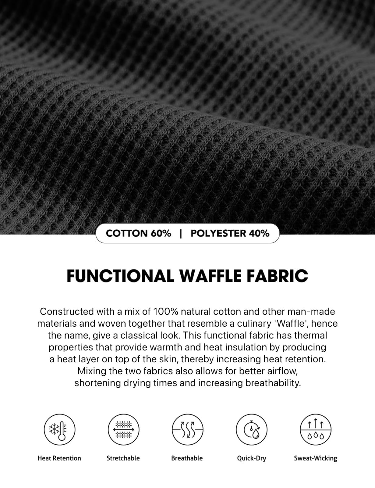 CQR Men's Long Sleeve Thermal Underwear Tops, Midweight Waffle Crewneck Shirt, Winter Cold Weather Thermal Shirts, 1 Piece of Top Black, Large