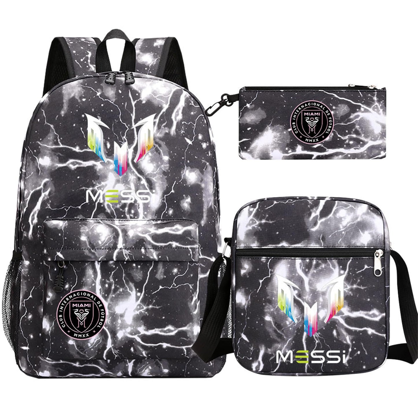 enttgo Unisex Lionel Messi 3 in 1 Backpack Set-Miami CF Novelty Casual Bookbag Waterproof Canvas Knapsack for Travel