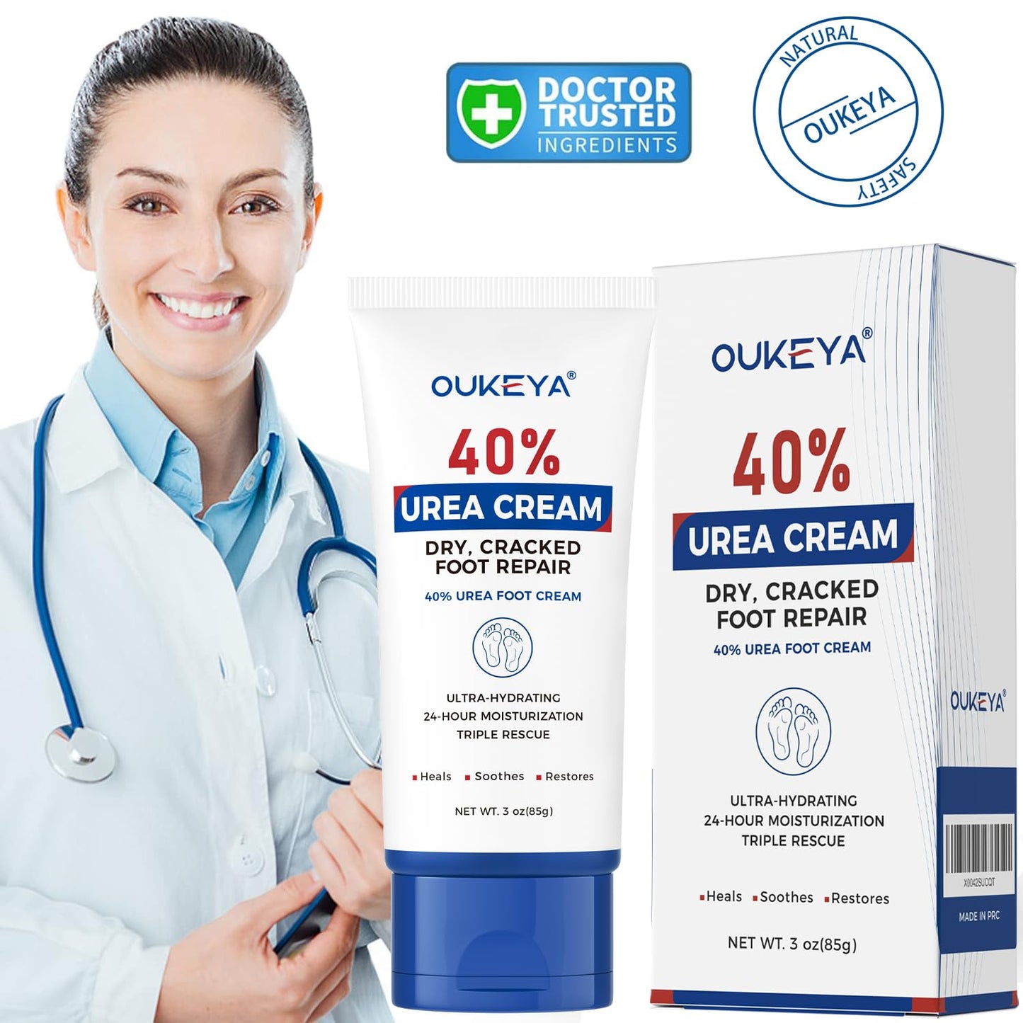 OUKEYA Urea Cream 40 Percent Tube 3 Oz, Urea Foot & Hand Cream for Dry Cracked, 40 per Urea Lotion for Feet Maximum Strength