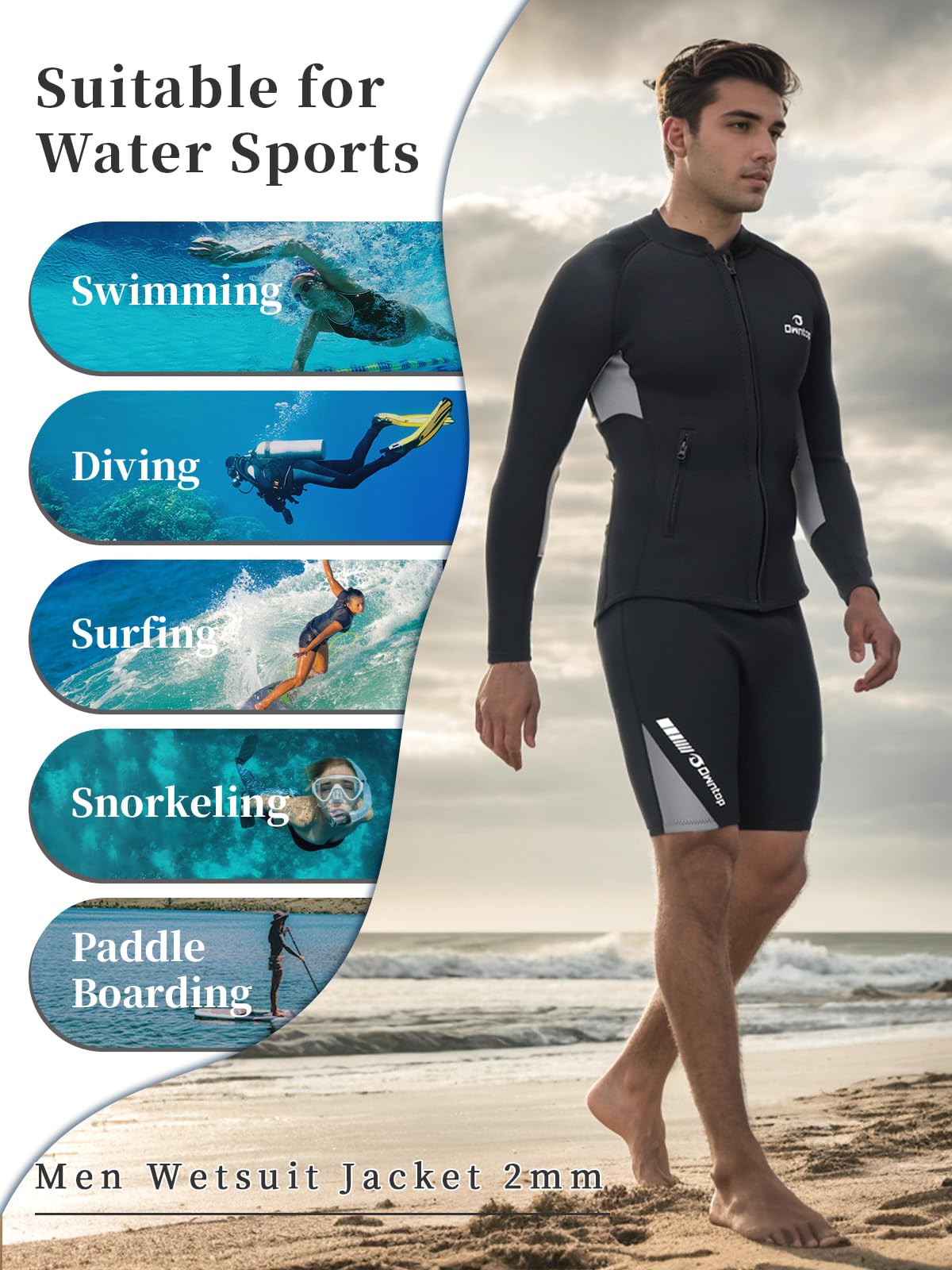 Owntop Wetsuit Top Mens, 2MM Neoprene Long Sleeves Wetsuit Jacket, Zipper Pockets, Comfort Keep Warm for Surfing, Diving, Swimming (Men's Gray, 2XL)