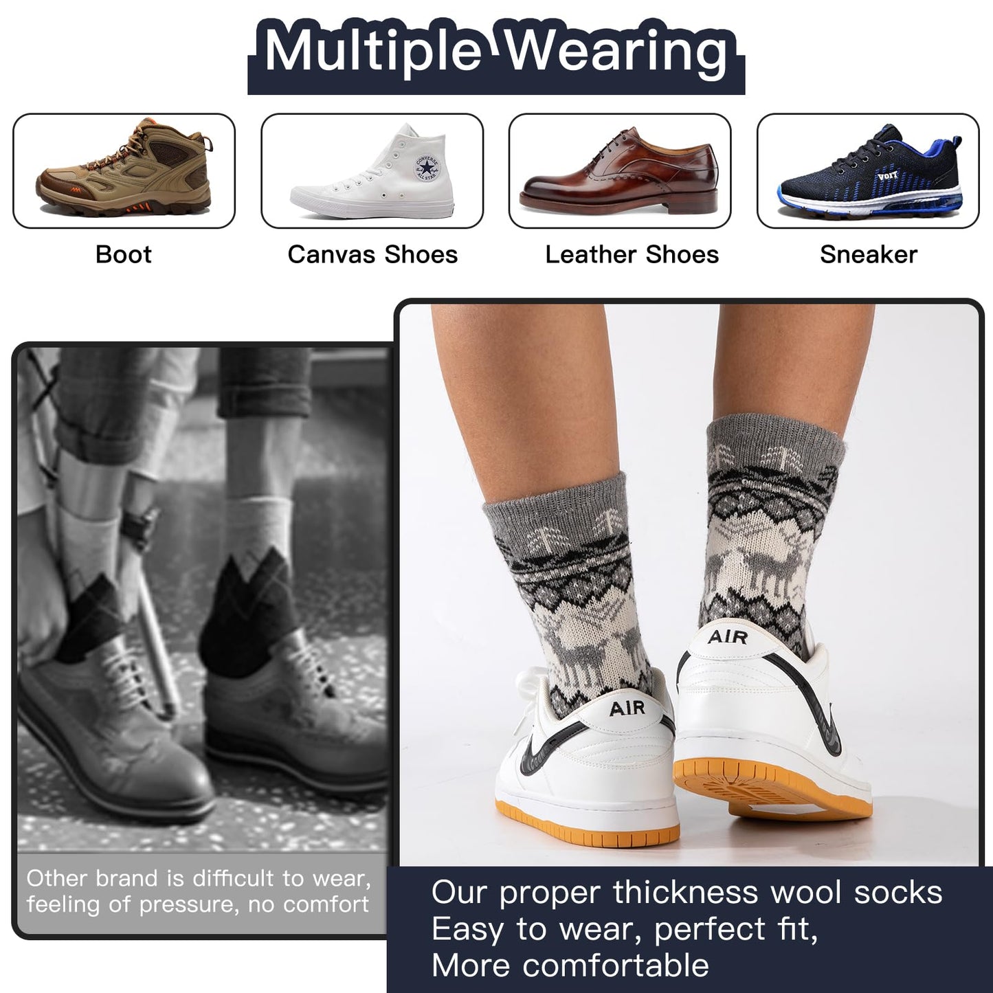 COOPLUS Wool Socks Mens Warm Winter Thermal Thick Pattern Crew Socks for Cold Weather (5 Pairs)