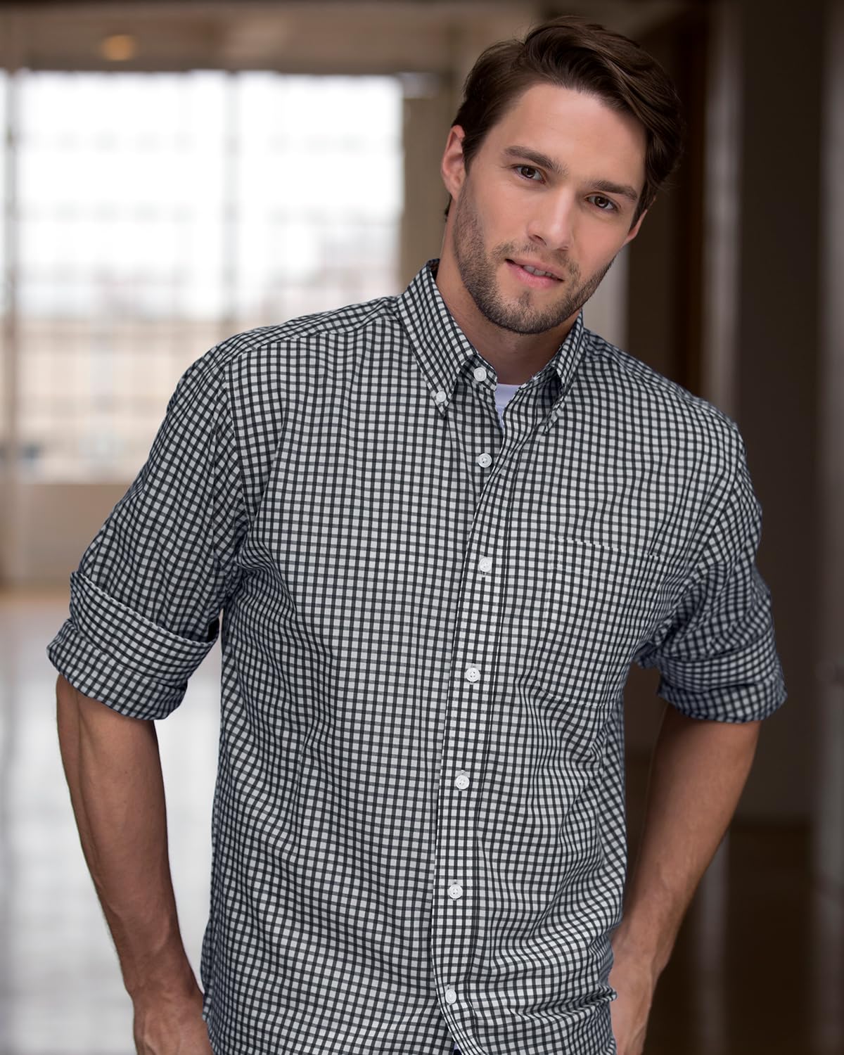 Vantage Apparel Men's Collegiate Easy-Care Long Sleeve Gingham Check Button Down Shirt, USC Trojans, Black, X-Large