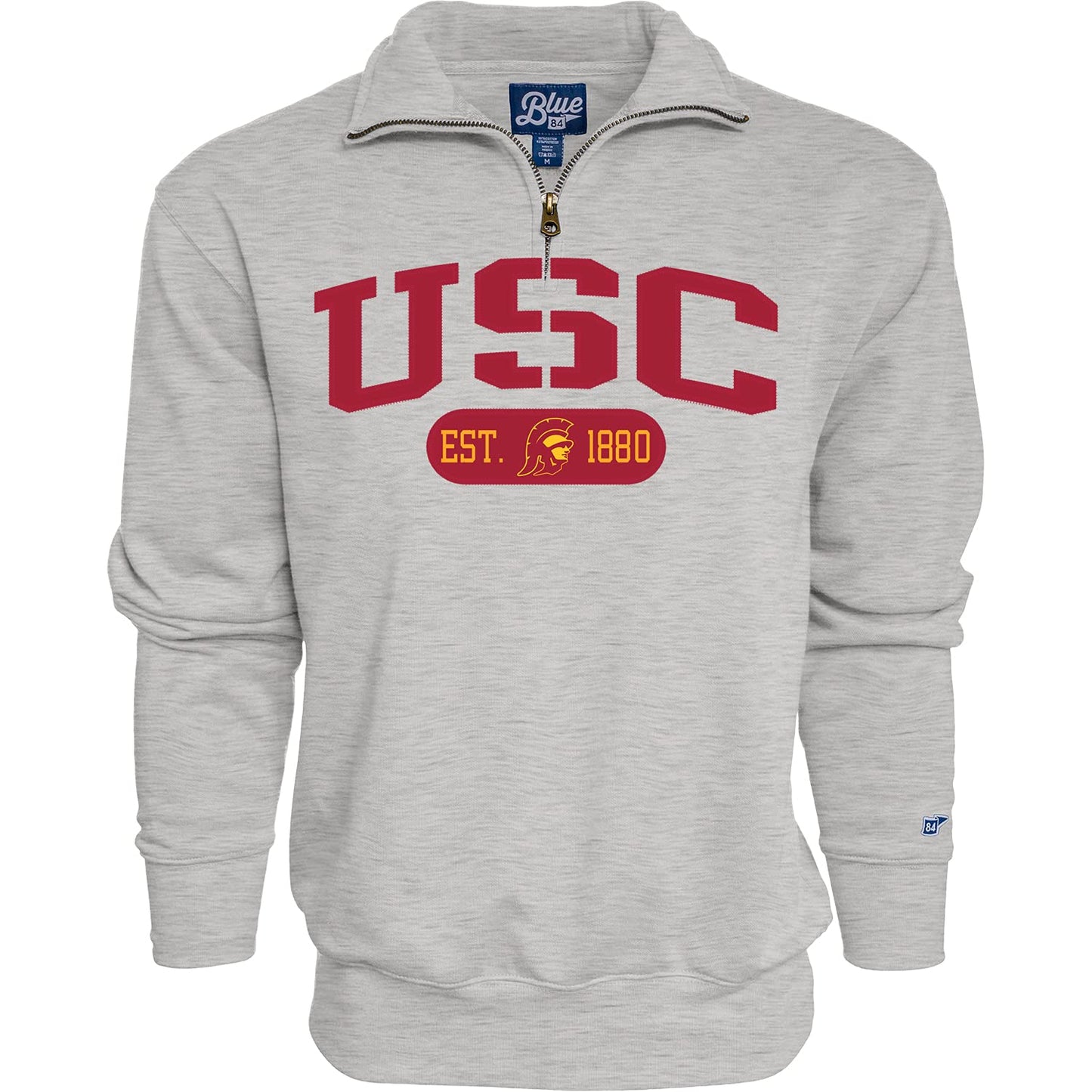 Blue 84 Men's USC Trojans Quarter Zip Sweatshirt Twill Applique Grey, Grey, Small