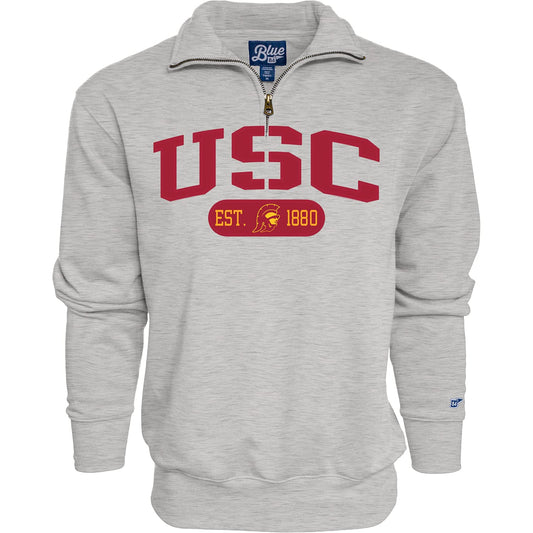 Blue 84 Men's USC Trojans Quarter Zip Sweatshirt Twill Applique Grey, Grey, Small