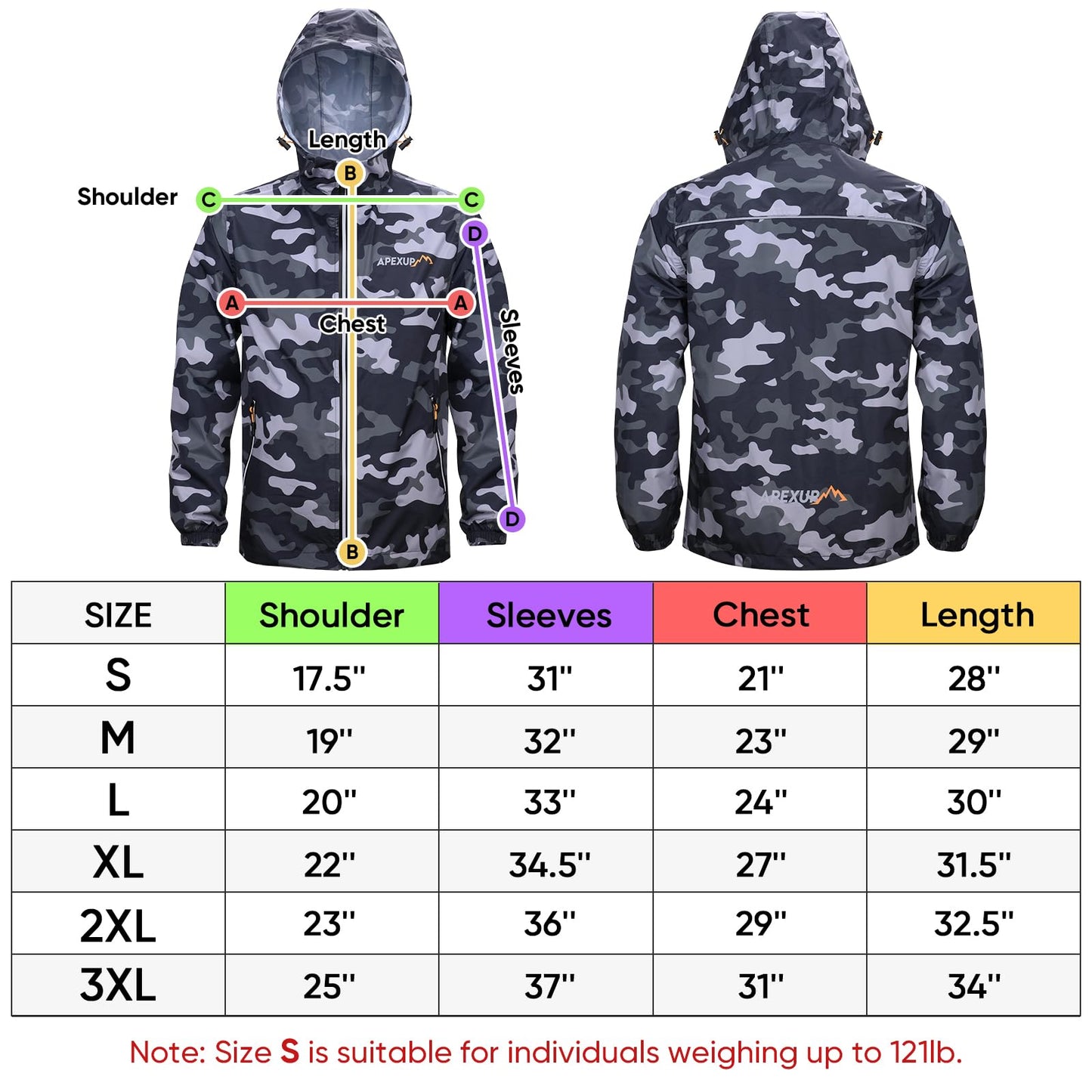 APEXUP Packable Rain Jacket Men with Reflective Zipper, Lightweight Waterproof Jacket Windbreaker Hooded Raincoat, Mens Rain Jackets for Outdoor, Running, Hiking, Travel, Cycling (Camo, 2XL)