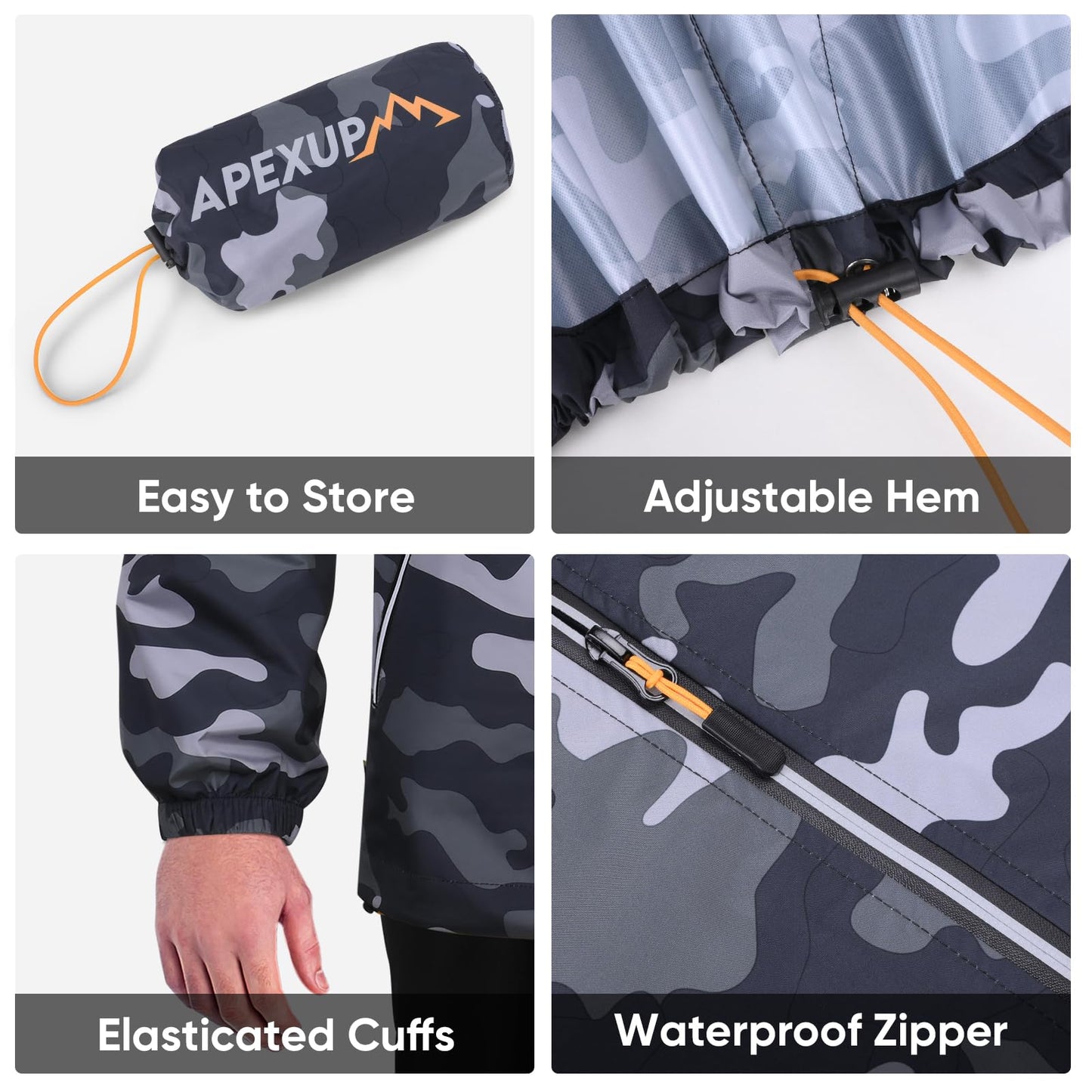 APEXUP Packable Rain Jacket Men with Reflective Zipper, Lightweight Waterproof Jacket Windbreaker Hooded Raincoat, Mens Rain Jackets for Outdoor, Running, Hiking, Travel, Cycling (Camo, 2XL)