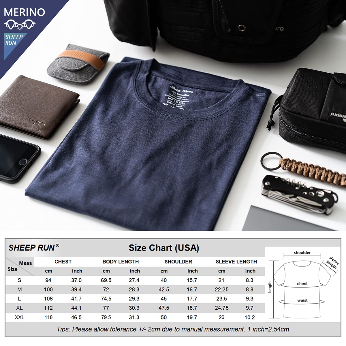 SHEEP RUN Merino Wool T Shirt Men's Lightweight Wicking Breathable Base Layer Shirt (Dark Grey, Large)